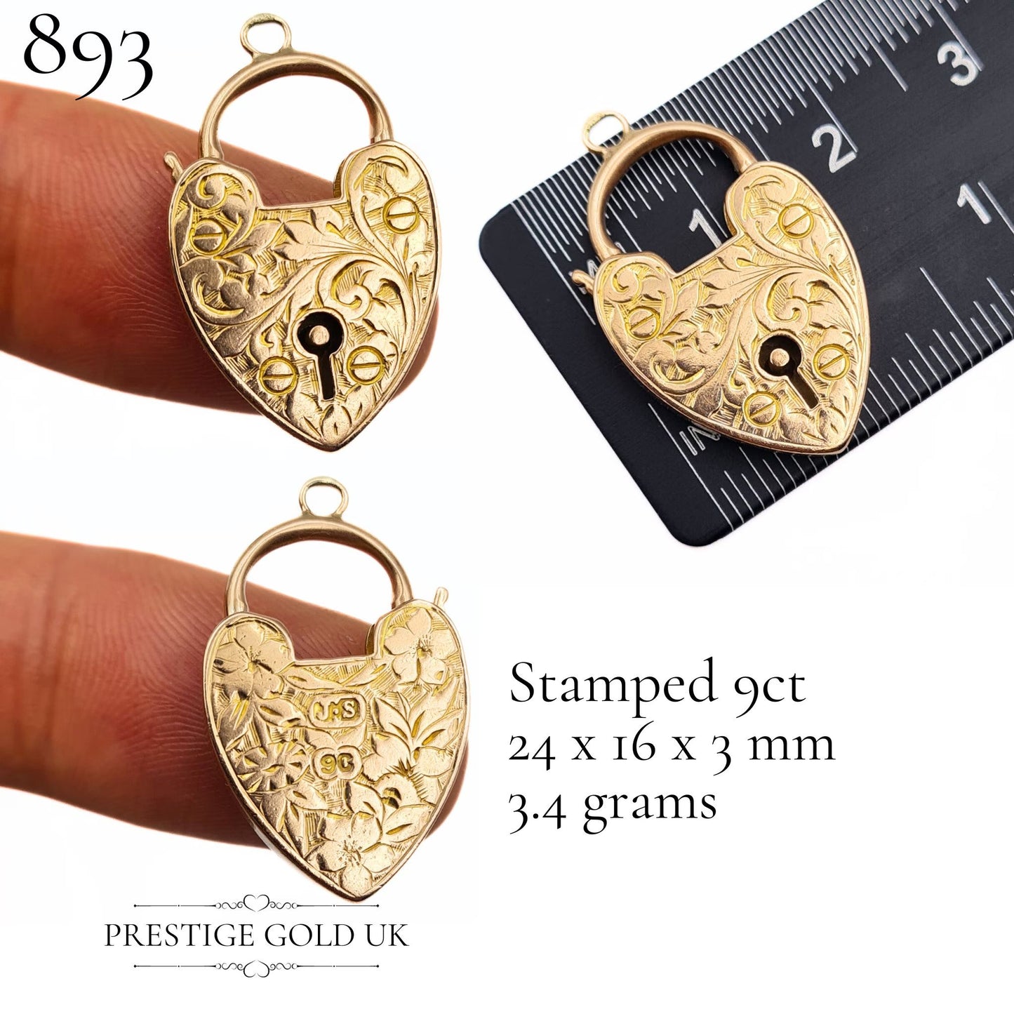 Vintage Small Gold Heart Padlock Pendant 9ct