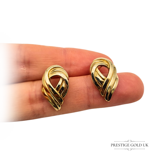 Pair of 9ct yellow gold twist knot earrings with three-strand swirl design, vintage style with secure posts and butterfly backs, 18mm by 12mm