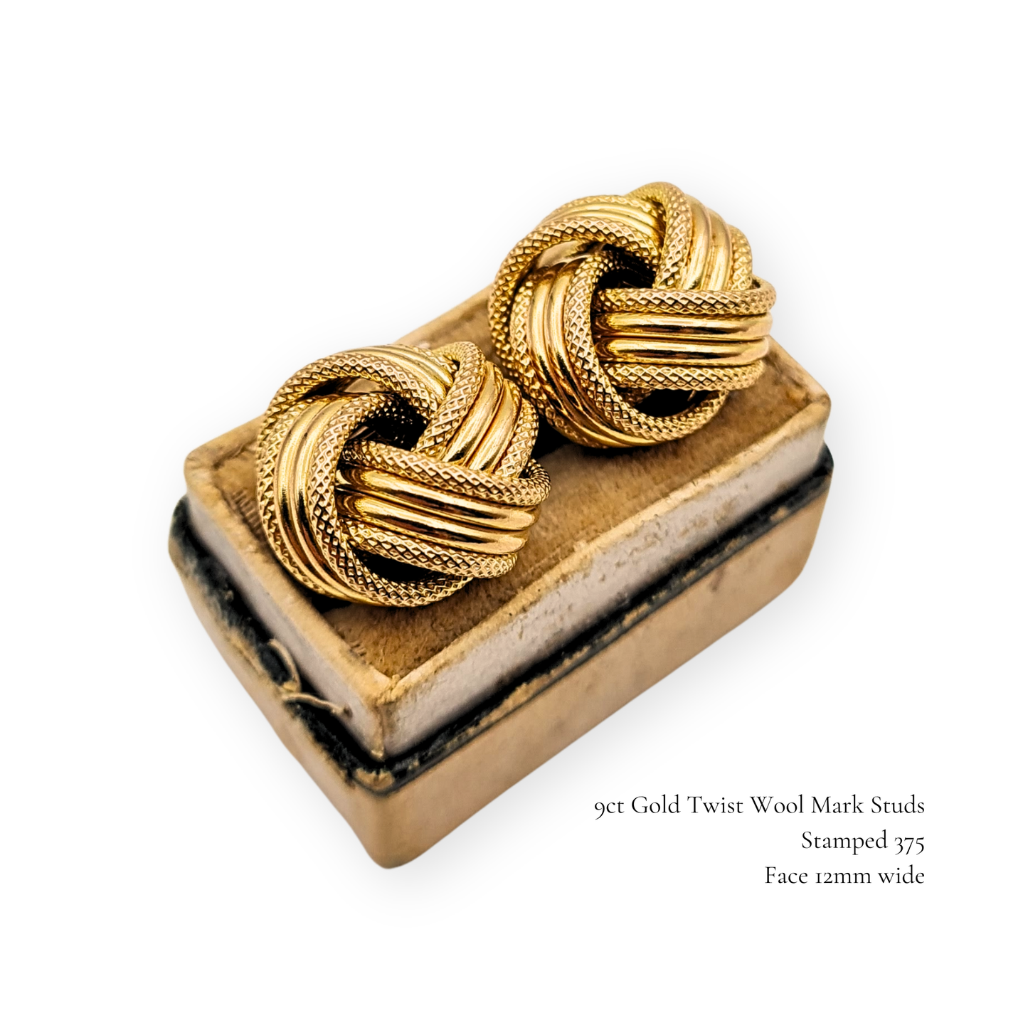 Large 9ct Gold Knot Stud Earrings, 12mm Woolmark Twist With Butterfly Backs