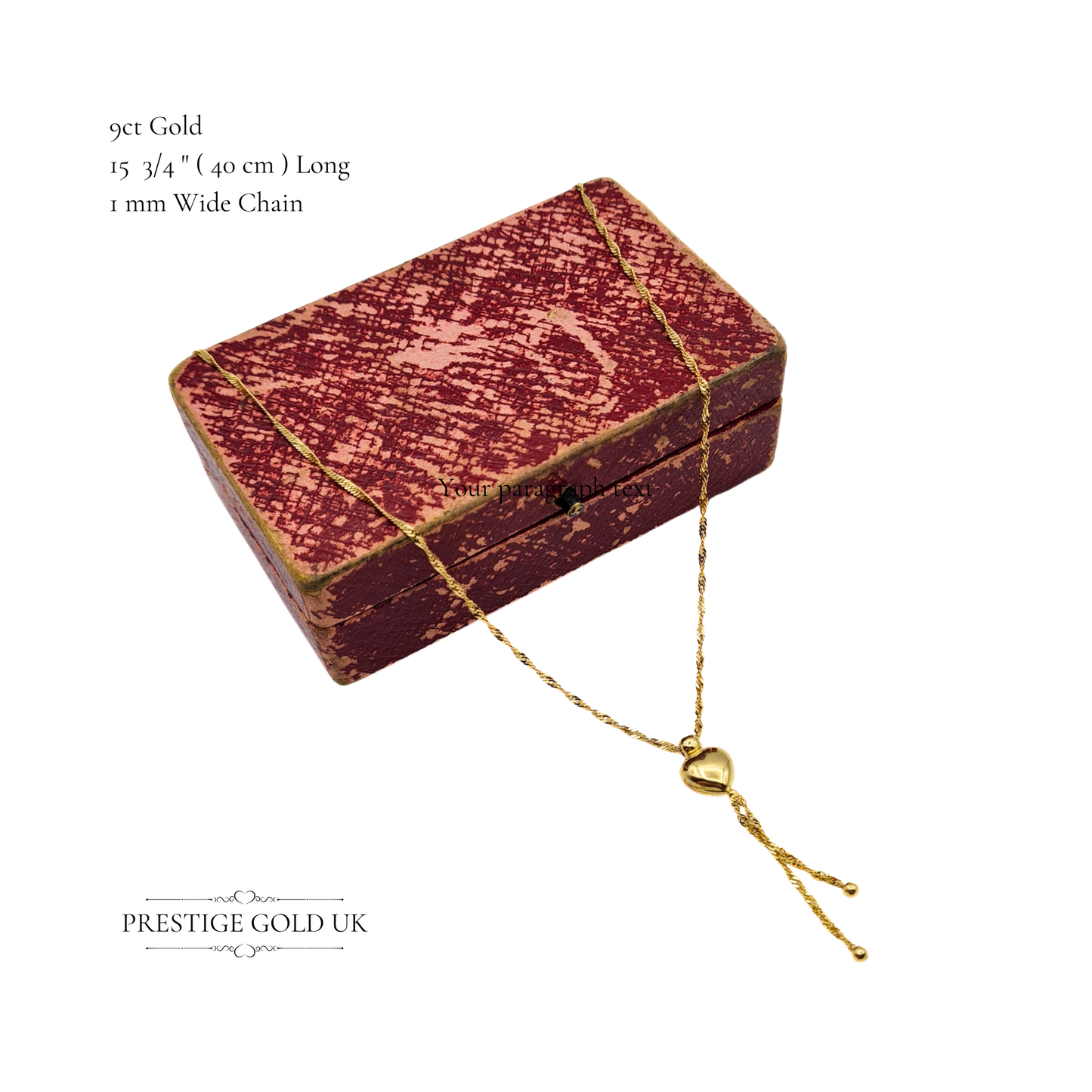 15" Long 9ct Gold Twist Rope Necklace, Sliding Heart Pendant, 15 3/4" (40cm) Long, 1mm Wide, Fully Hallmarked Sheffield