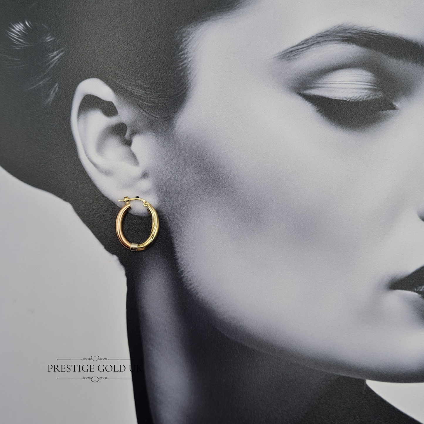 9ct Gold Tri Colour Oval Vintage Hoops, Yellow, White & Rose Gold