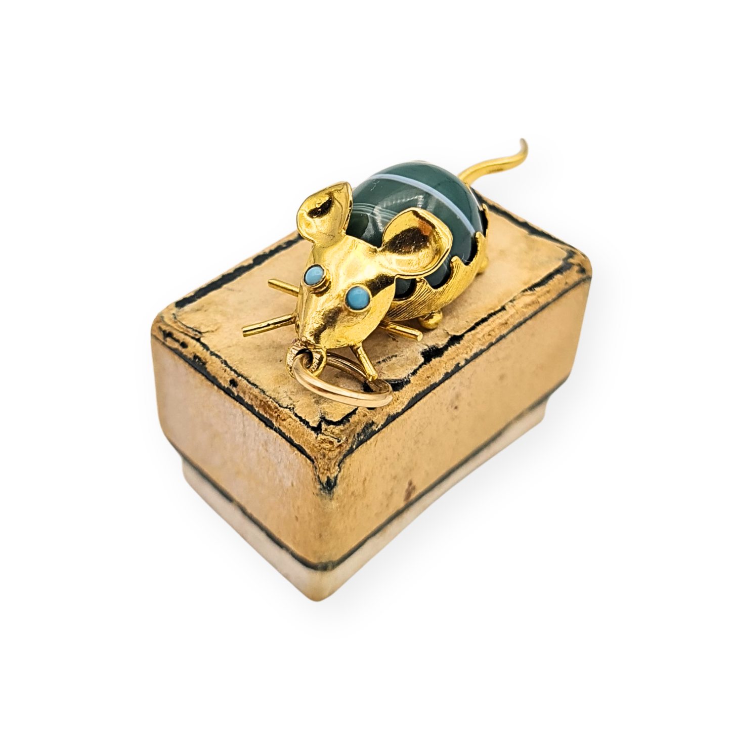 18ct Gold Mouse Charm Turquoise Eyes Green Cabochon Body