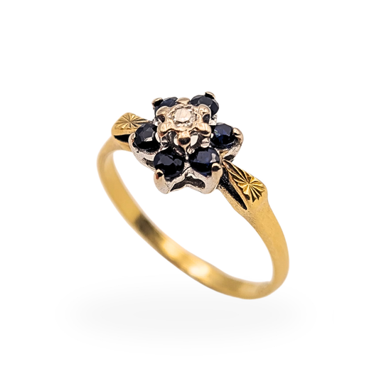 18ct gold sapphire and diamond flower cluster ring with ornate shoulders
