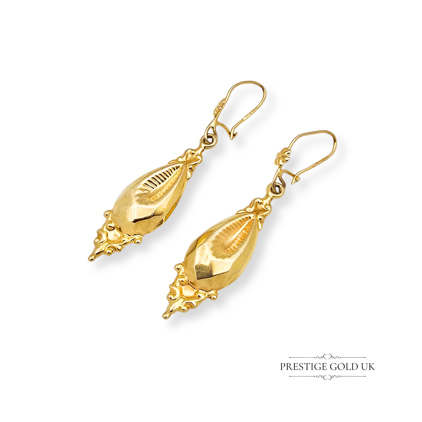9ct Gold Dangle Drop Earrings, Victorian Revival Style Vintage Earrings