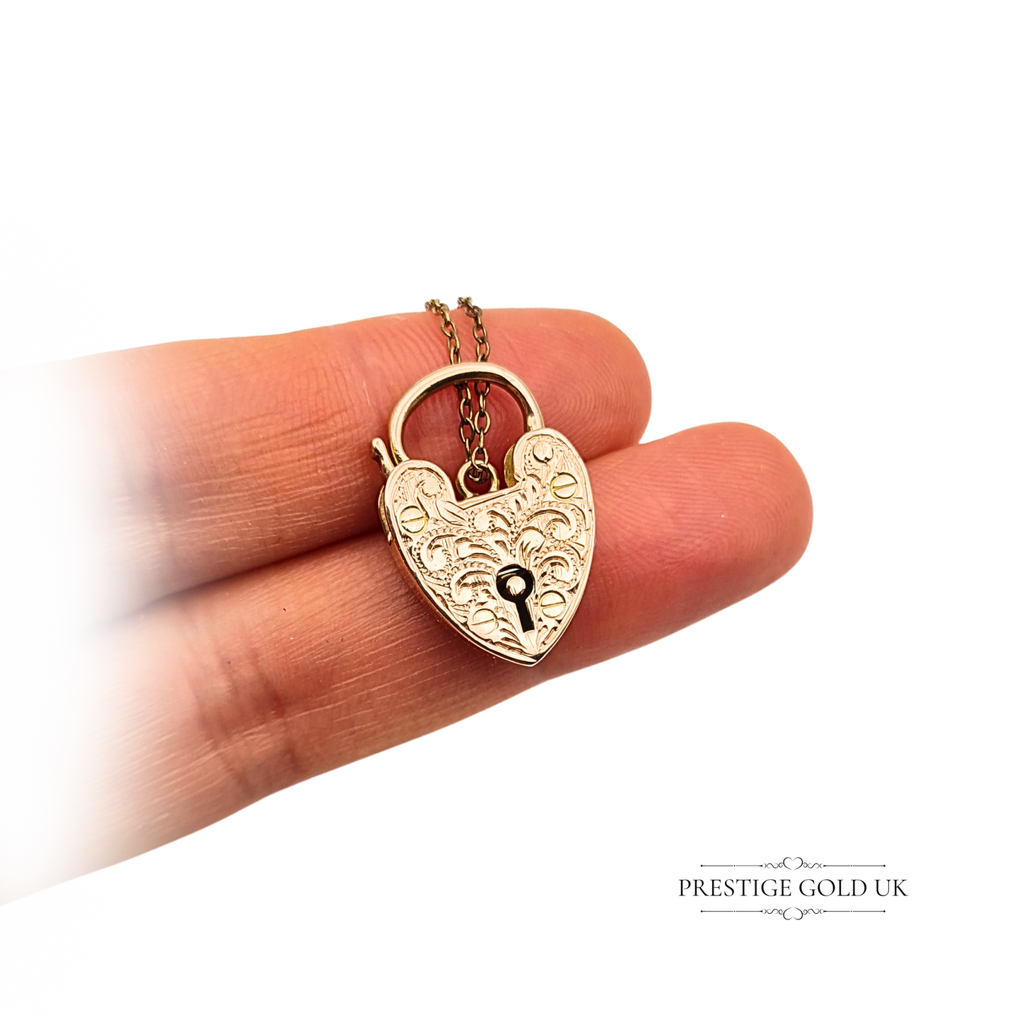 9ct Rose Gold Antique Heart Padlock Pendant, Engraved, With Safety Chain