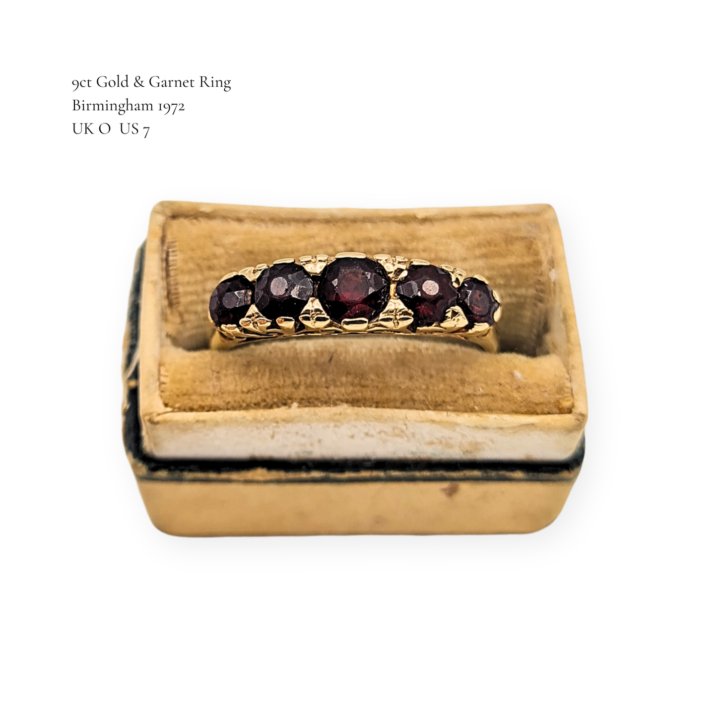 9ct Gold Garnet 5 Stone Ring Vintage 1972 Birmingham UK O US 7