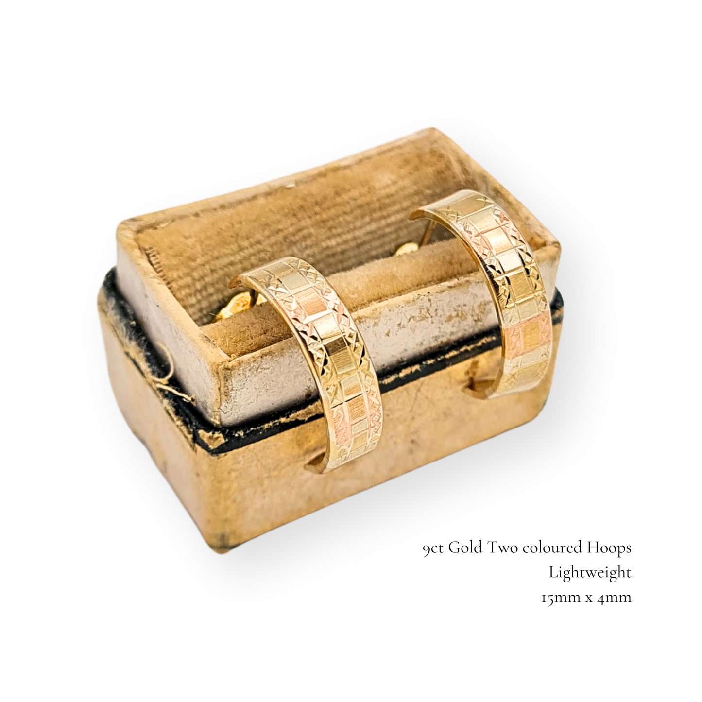 9ct Gold Two Tone Half Hoops, 15mm x 4mm, 0.75g, Engraved