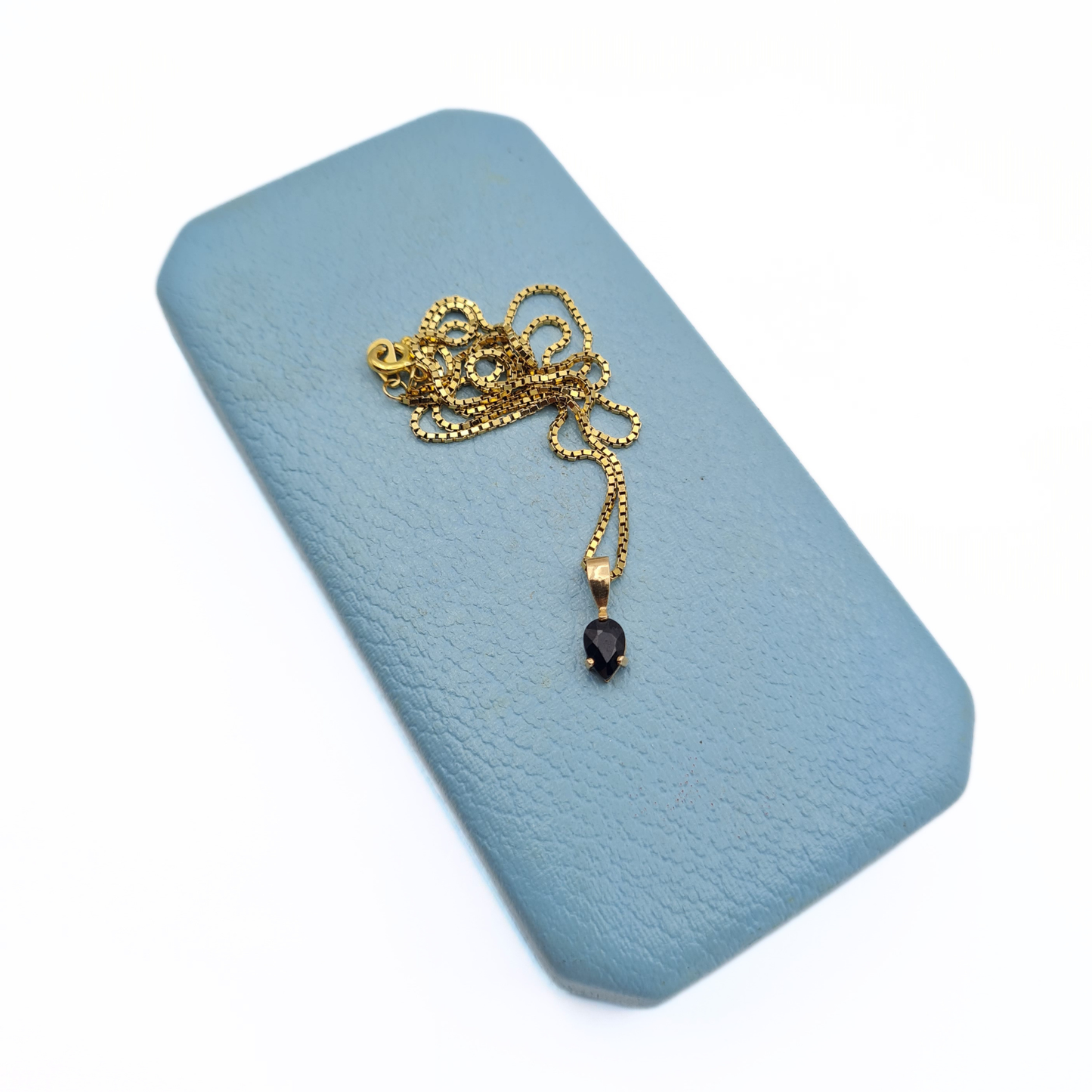 16" 9ct Gold Box Chain Necklace Blue Sapphire Pendant Hallmarked