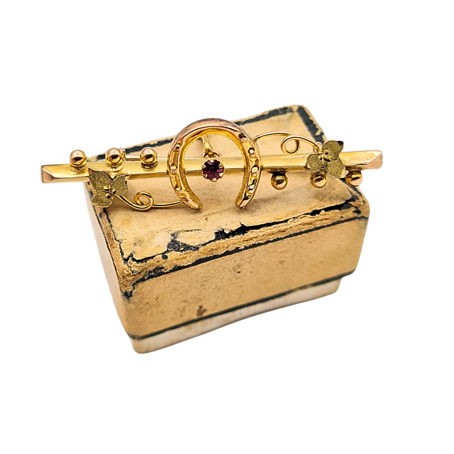 Antique 9ct Gold Horseshoe Brooch, Ruby, Edwardian 1906, Chain