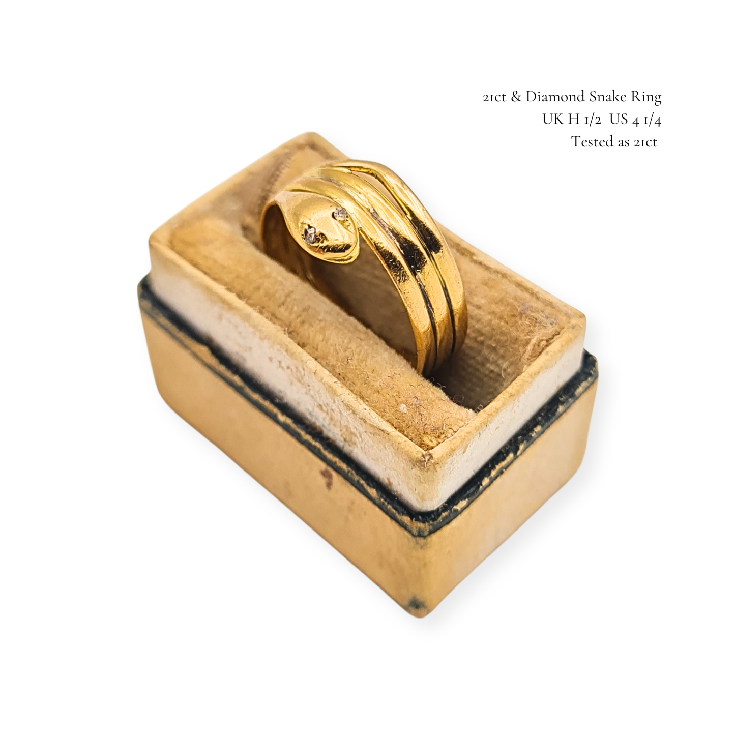 21ct Antique Gold, Tiny Coiled Snake Ring, Diamond Eyes, Pinky Ring  UK H½ US 4¼