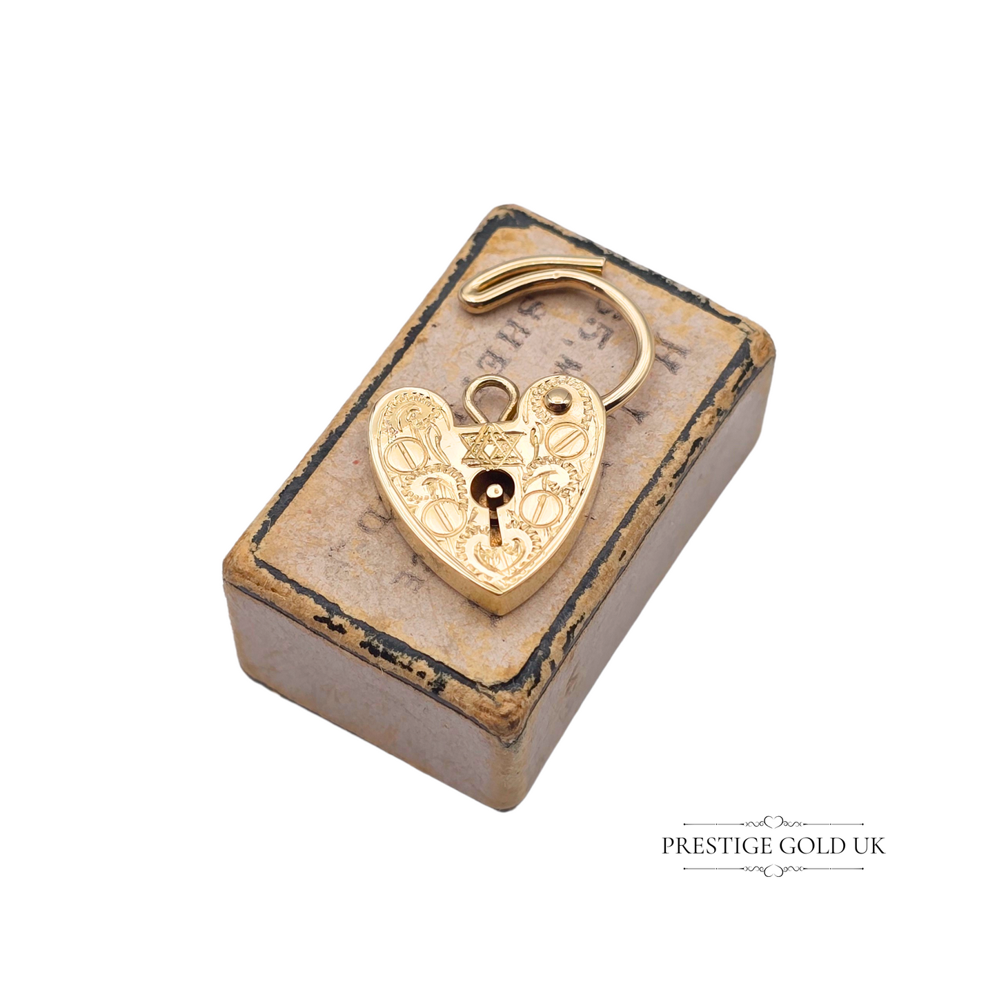 Star of David 9k Gold Heart Padlock Charm, Hallmarked London 1977, Hand Engraved