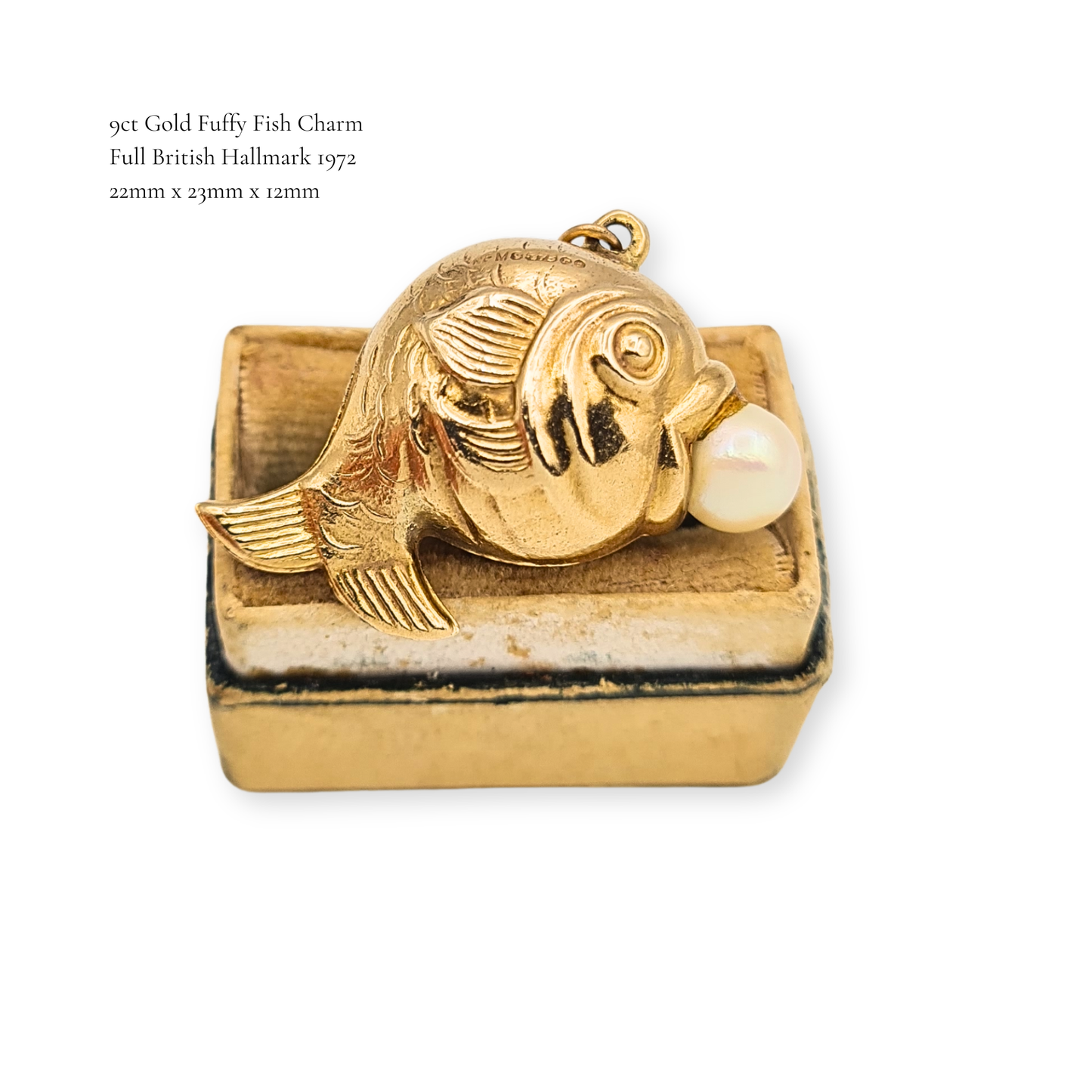 Vintage 9ct Gold Fish with Pearl Charm Puffy Cartoon Pendant Hallmarked 1972