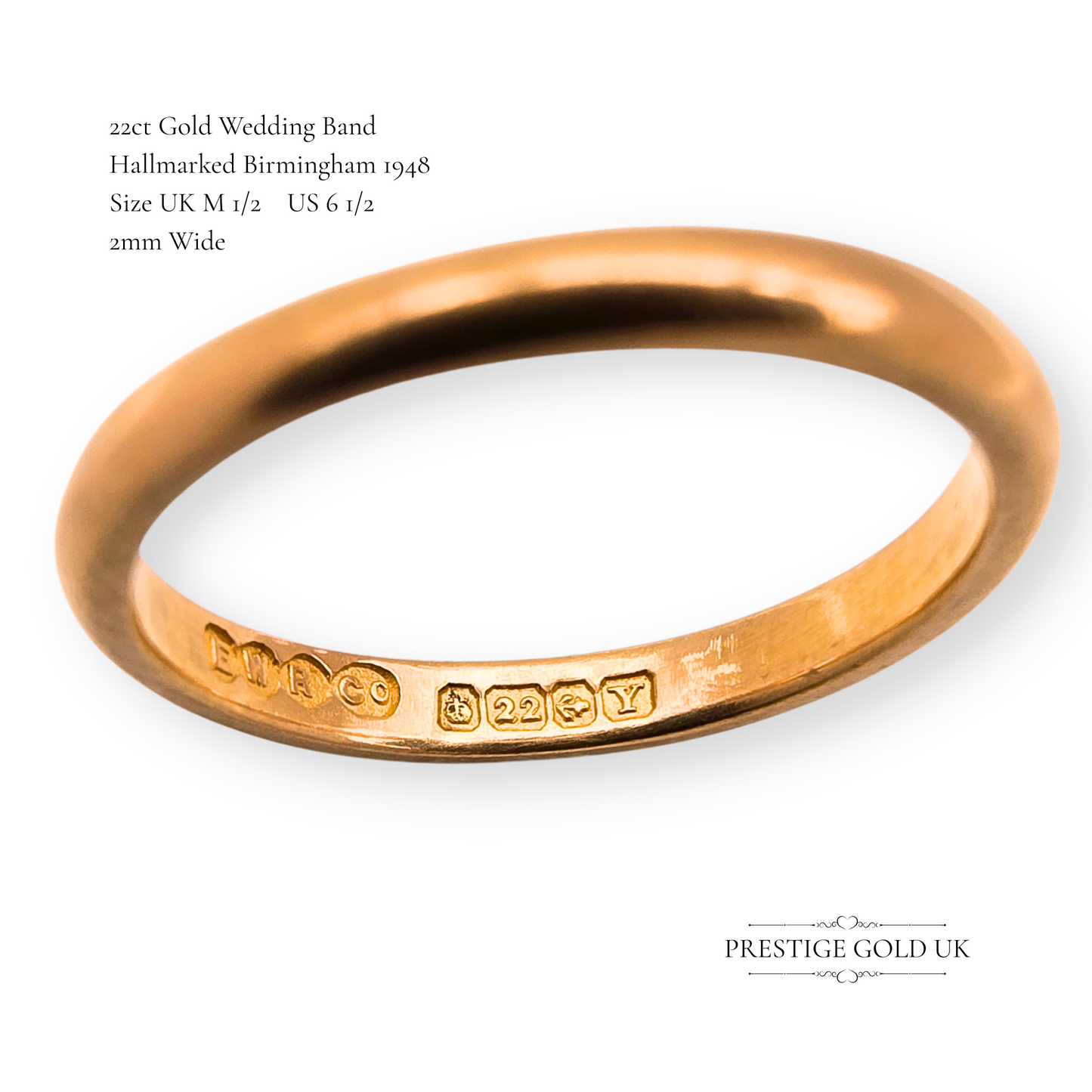22ct Solid Yellow Gold Wedding Band, 1948, Size UK M 1/2 - US 6 1/2,