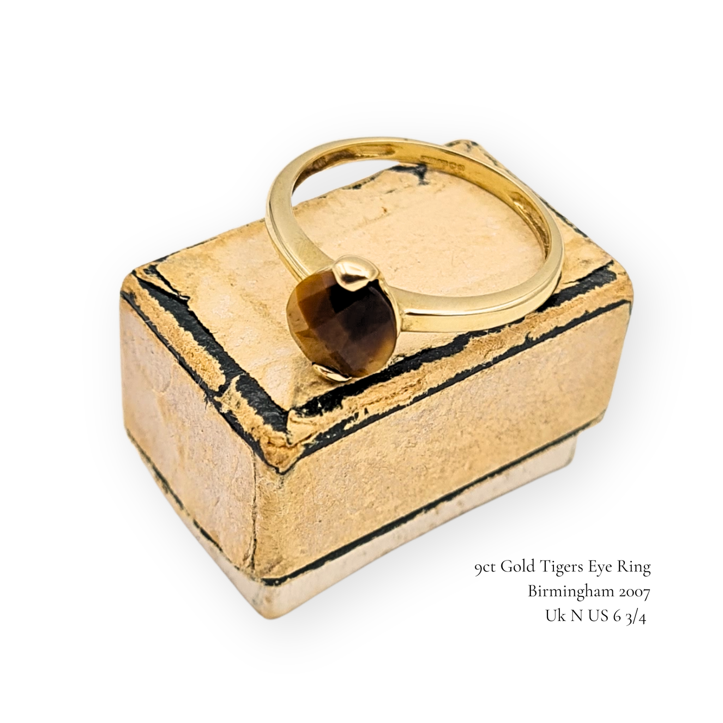 9ct Gold Tiger’s Eye Solitaire Ring, UK N / US 6.75, Faceted Round Gemstone