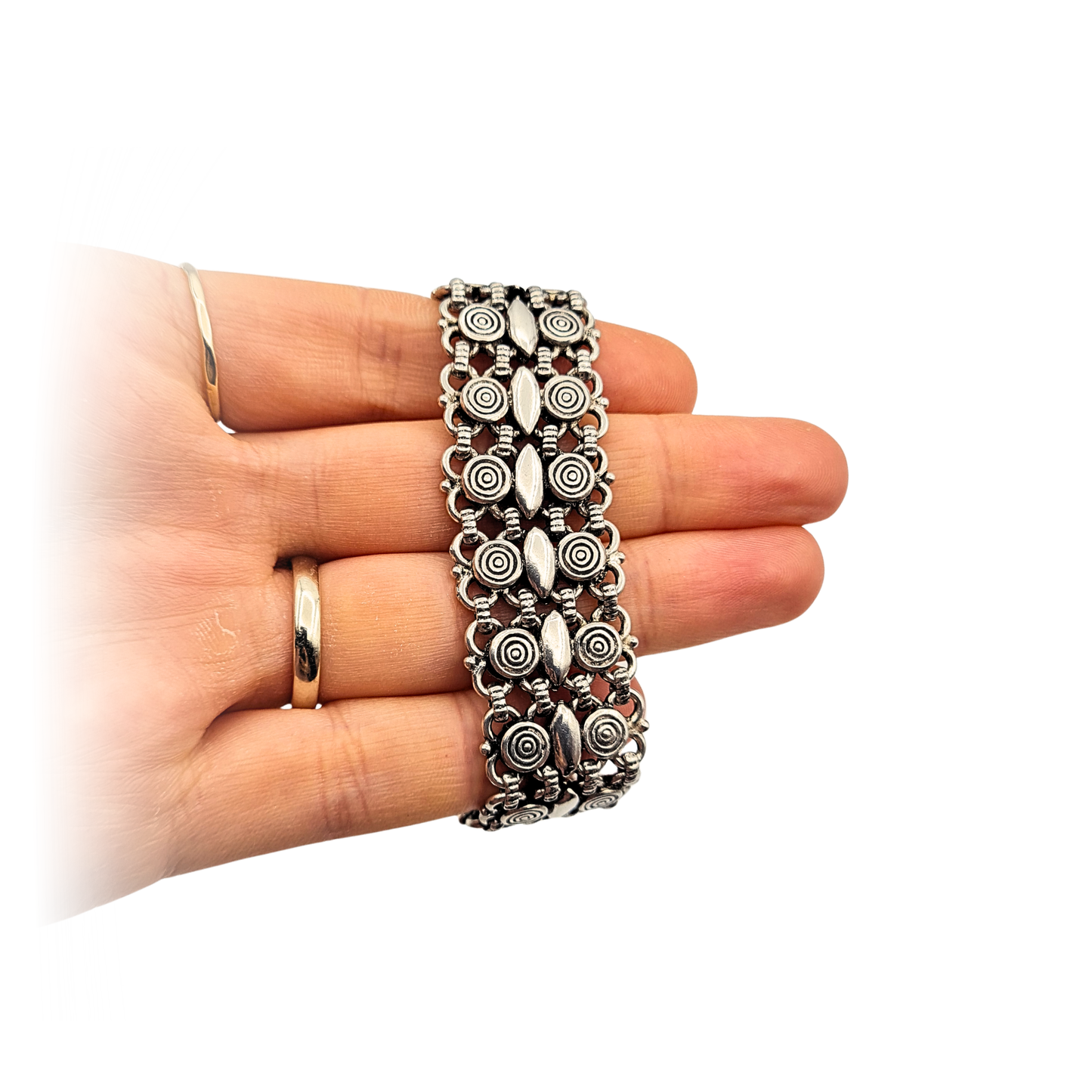 7" Long 800 Silver Wide Bracelet, Swirl Link Chunky, Unique bracelet