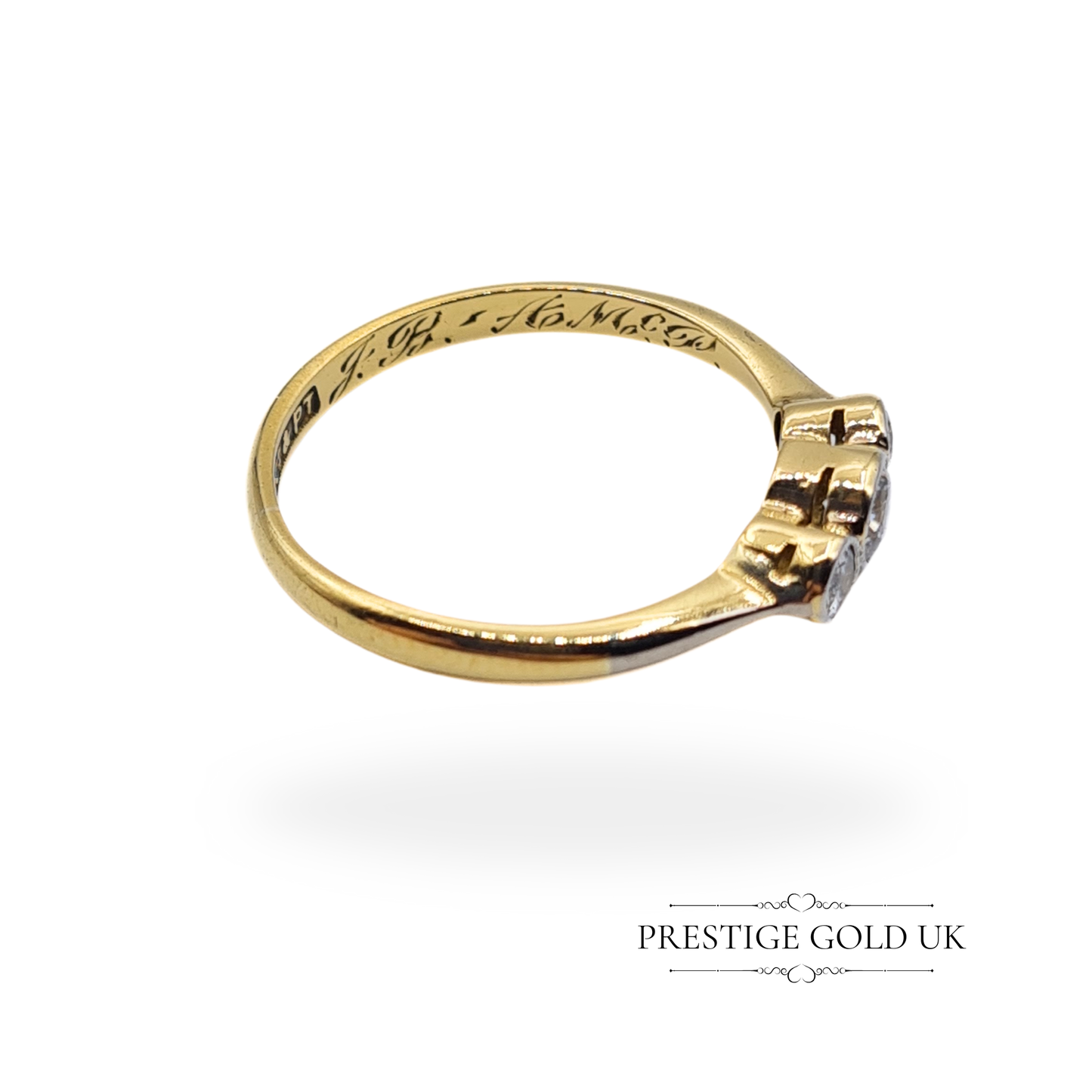 Vintage 18ct Gold & Platinum Triple Diamond Ring, UK I 1/2 US 4 1/4 Euro 48, Stamped 18ct, Engraved Band