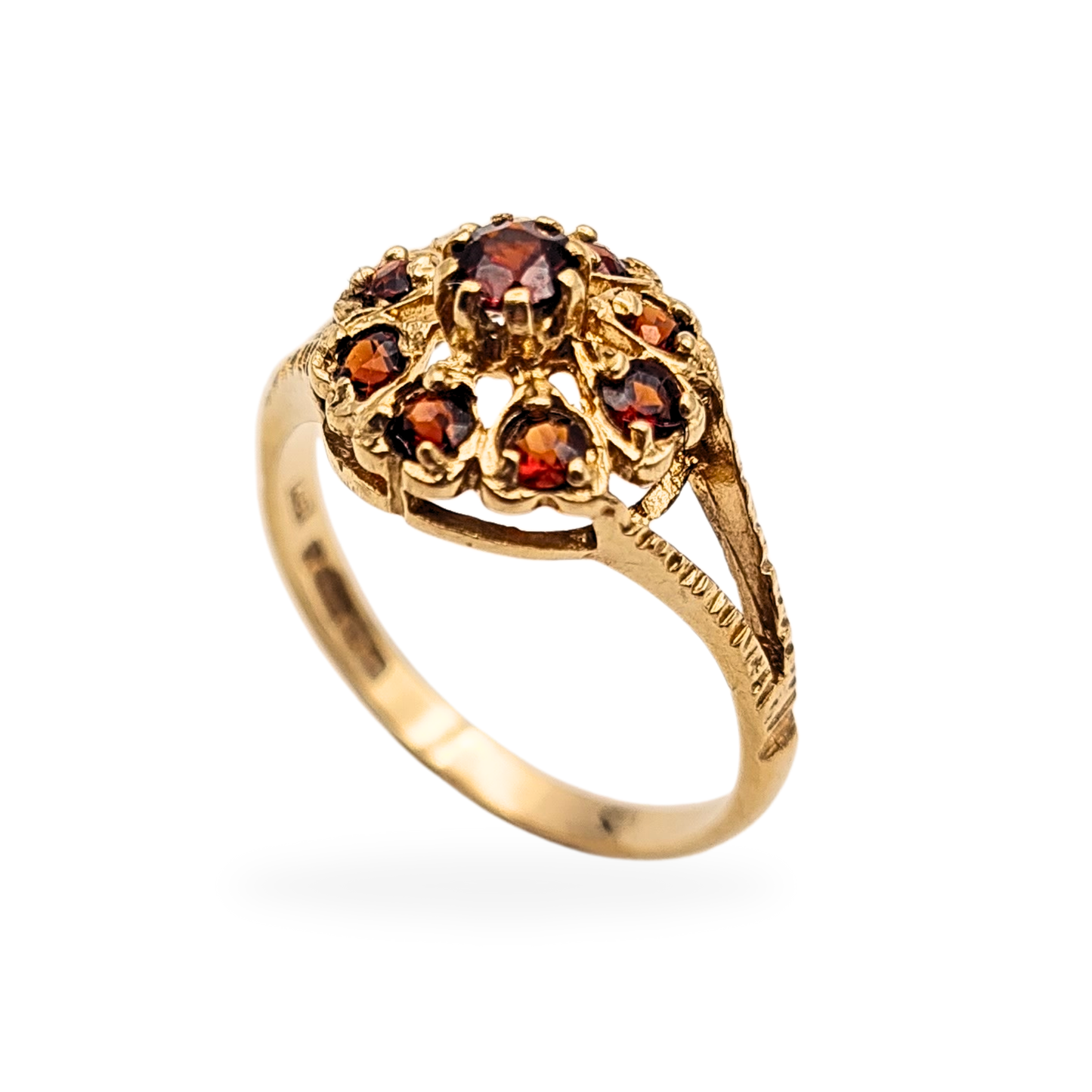 9ct Gold Garnet Cluster Ring 1970 Birmingham Hallmark UK K 1/2