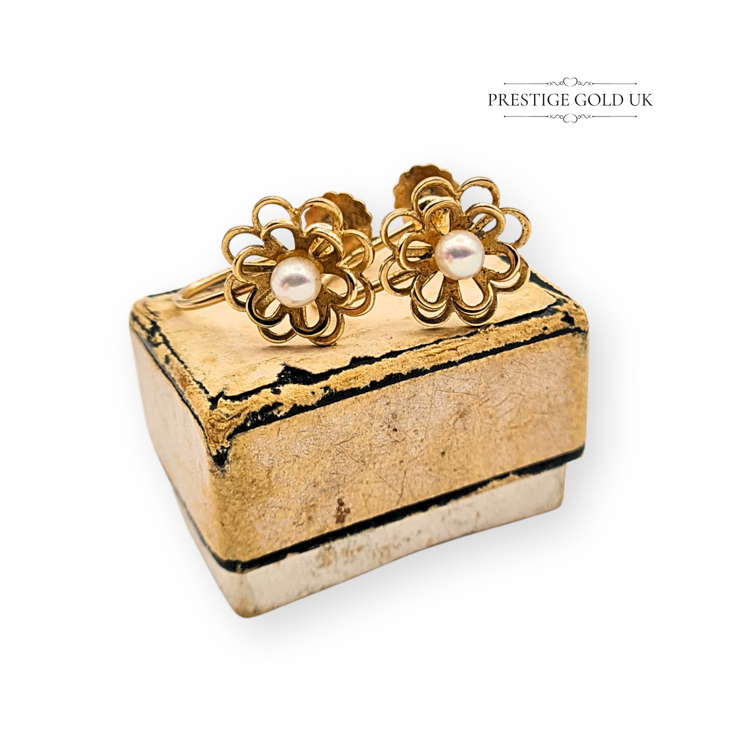 9ct Gold Screw Back Earrings, Floral Design With Pearl Centres For Non pierced ears