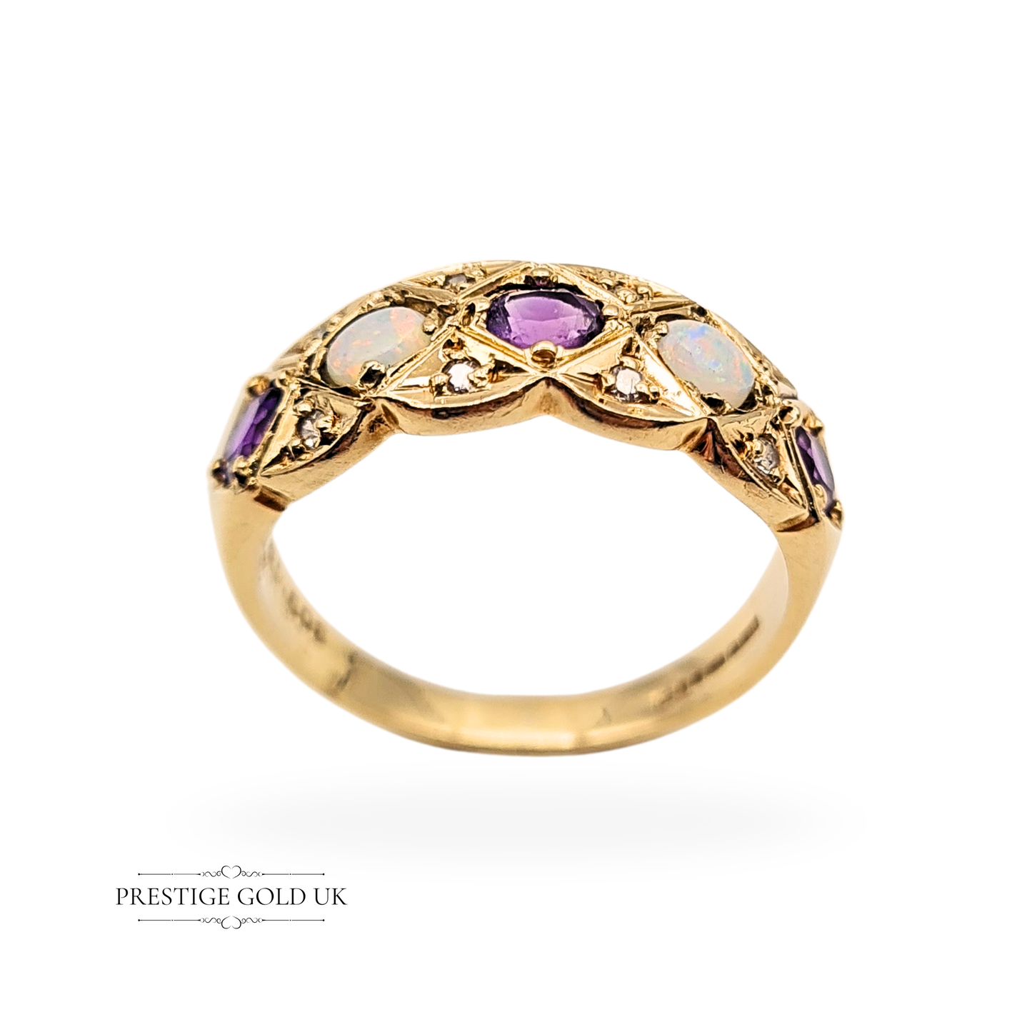 9ct Gold Amethyst Opal Diamond Ring, 1969  UK P / US 7 3/4