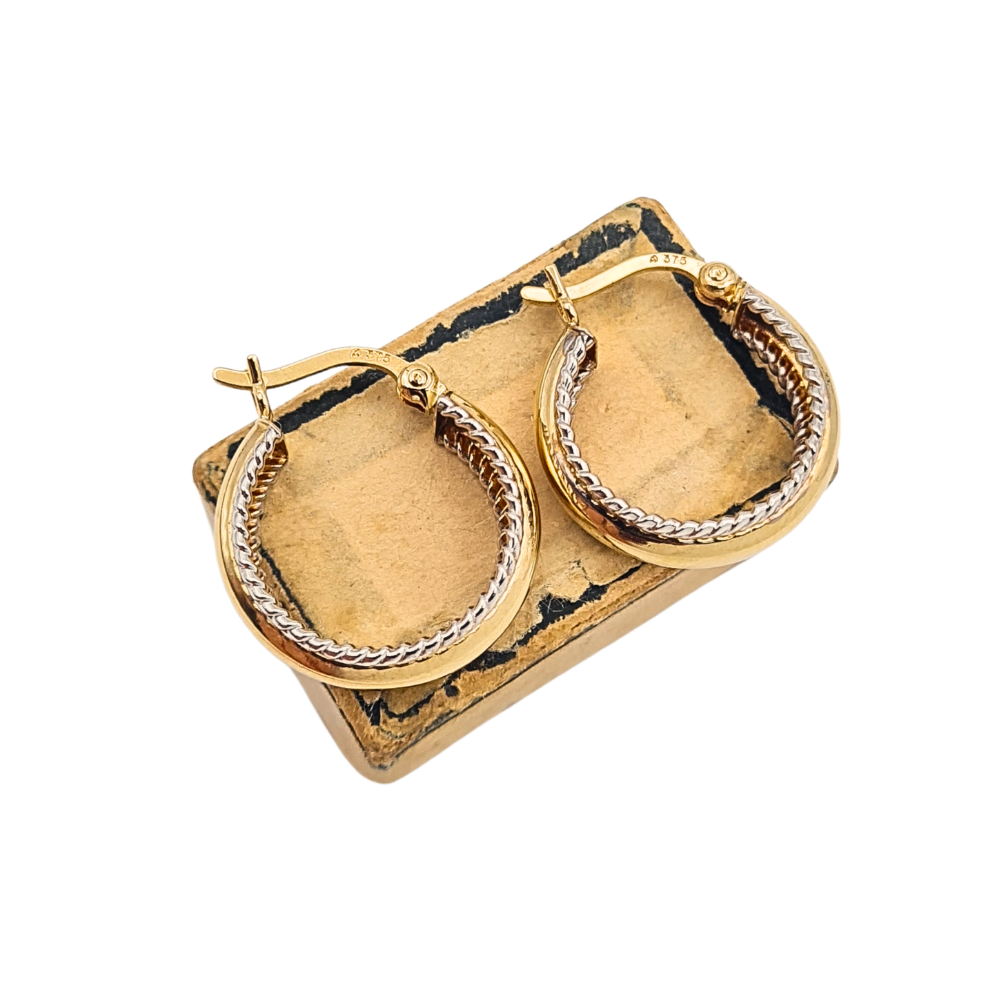 Small 9ct Gold Fancy Hoop Earrings White Gold Scroll Detail 16mm Hoops