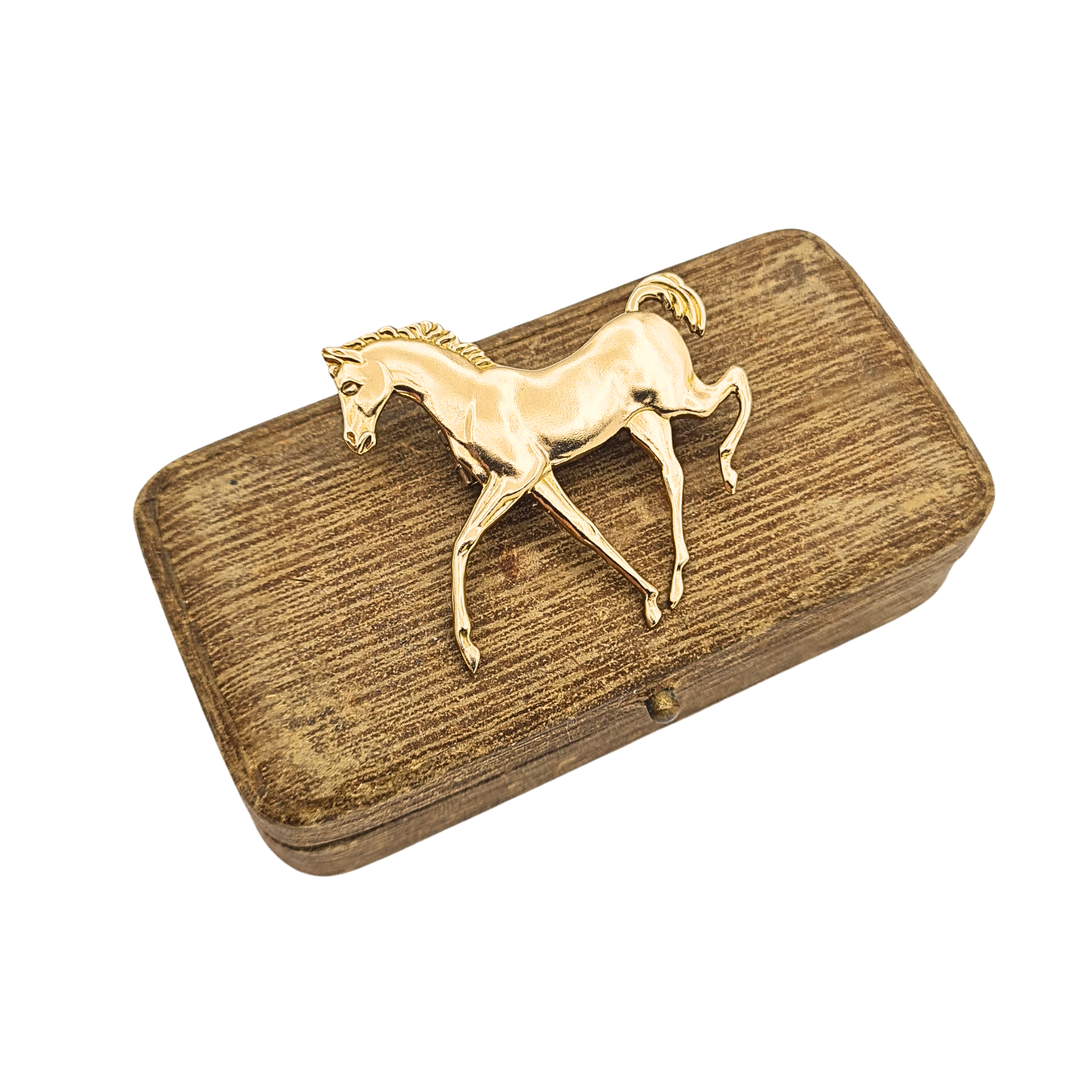 Large solid 9ct gold horse brooch with satin finish and Birmingham 1986 hallmark
