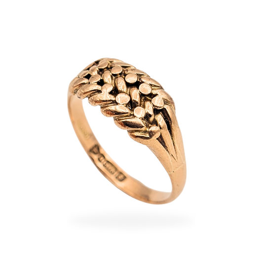 Antique 9ct rose gold keeper ring with Chester assay hallmarks dated 1909, crafted by W H Tandy & Sons of Birmingham, featuring a classic rope link design across an 8.5mm wide face, ring size UK T US 9 1/2, solid 4.3g antique British gold ring.