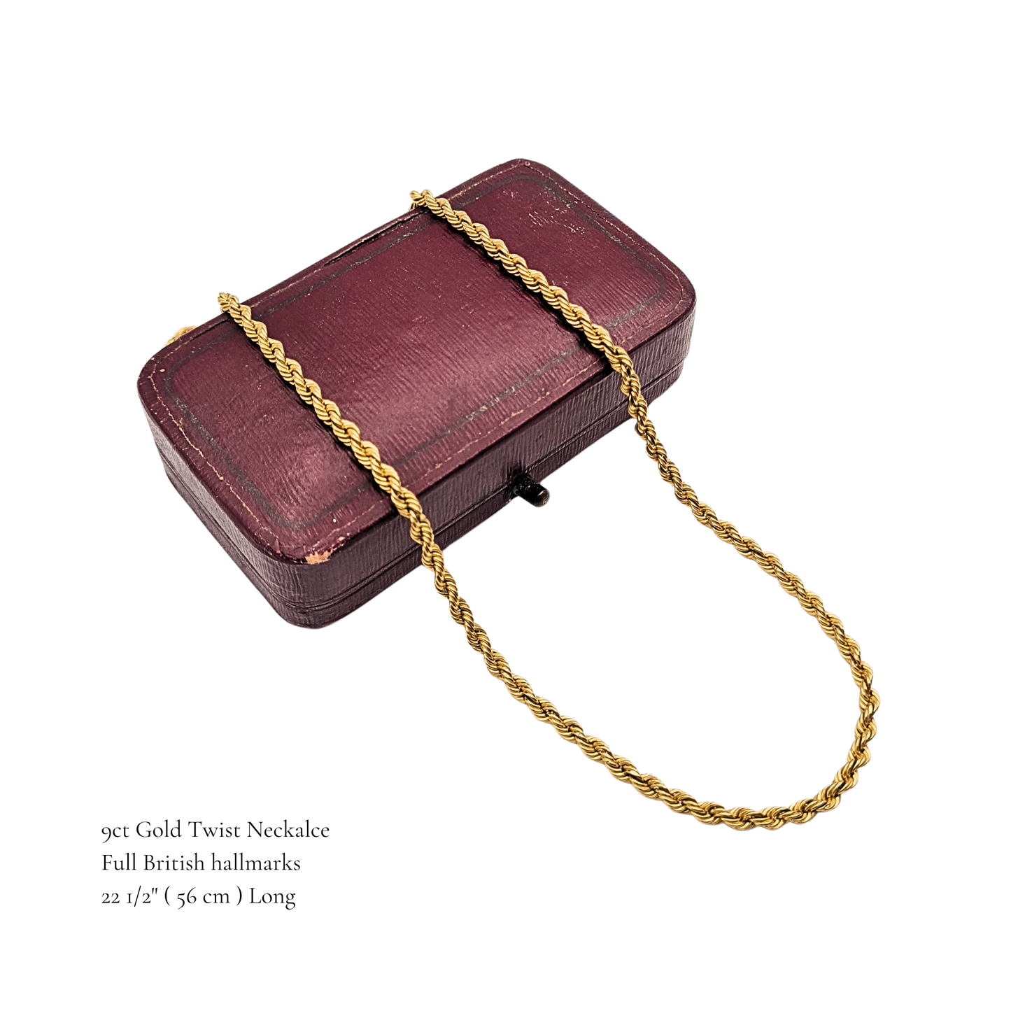 22 1/2" Long Gold Twist Rope Necklace,  Classic Delicate  Chain.