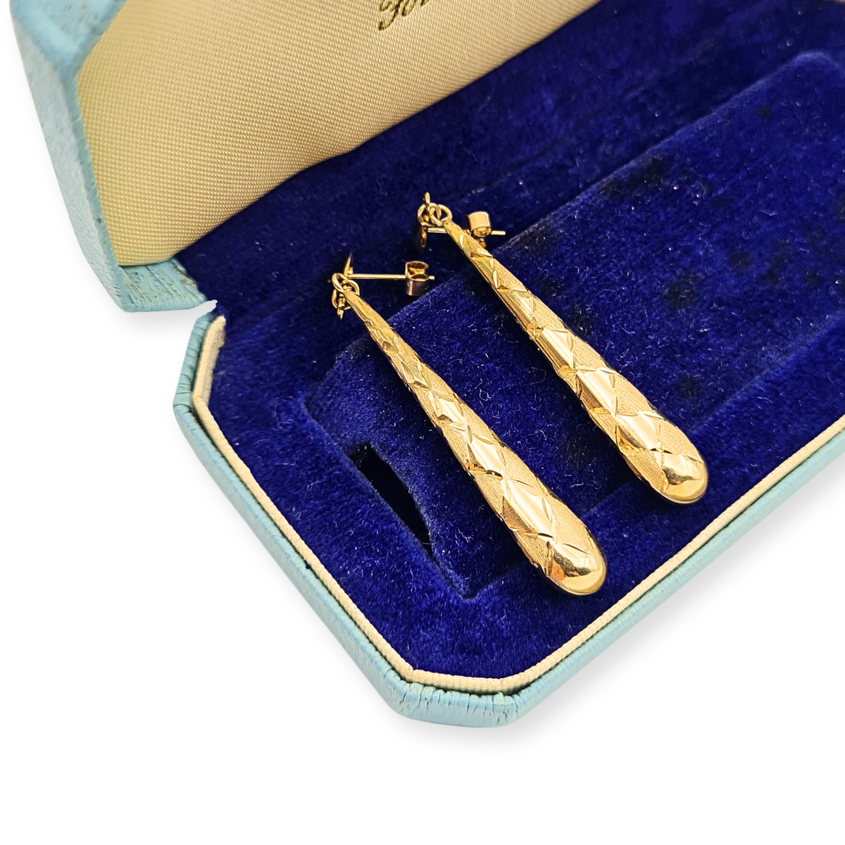 9ct gold long bombe drop earrings with textured diamond cut finish and butterfly backs 51mm