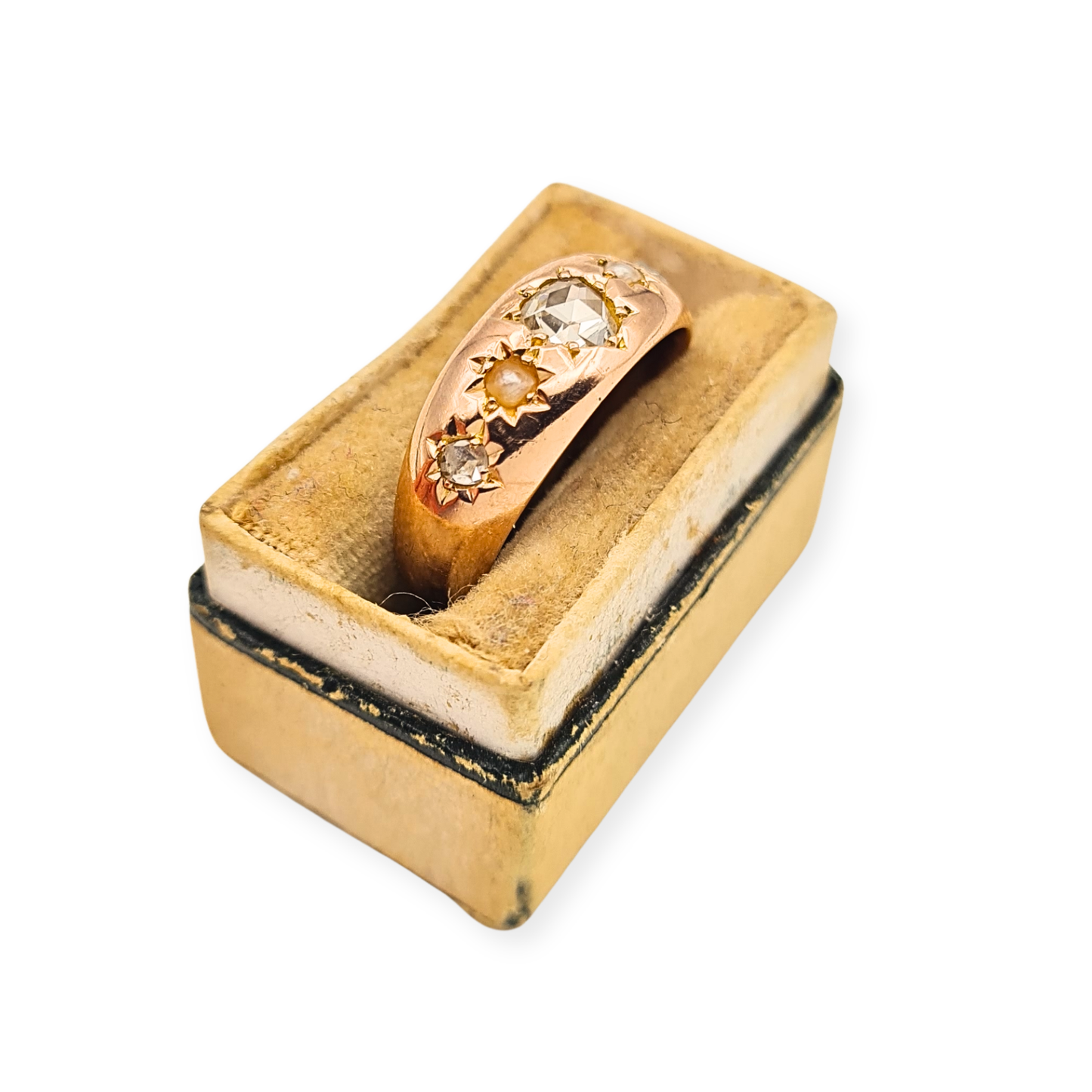 Antique 15ct Rose Gold Ring Heart Cut Diamond Pearl Birmingham 1891 UK J½