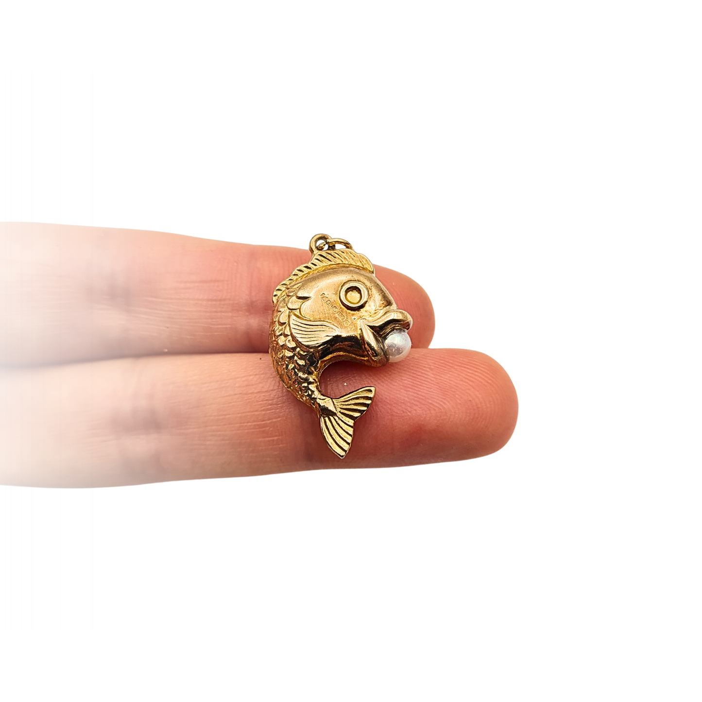 9ct Gold Lucky Fish Charm Pendant Pearl Puffy Fish