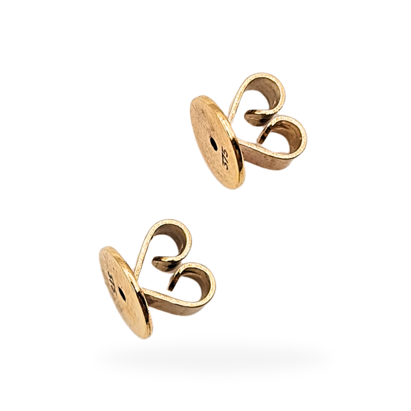 Pair of solid 9ct yellow gold heart-shaped butterfly earring backs, stamped 375, measuring 6mm base and 6mm tall, weighing 0.8g, designed to fit standard 20-gauge 0.8mm earring posts, excellent pre-owned condition.