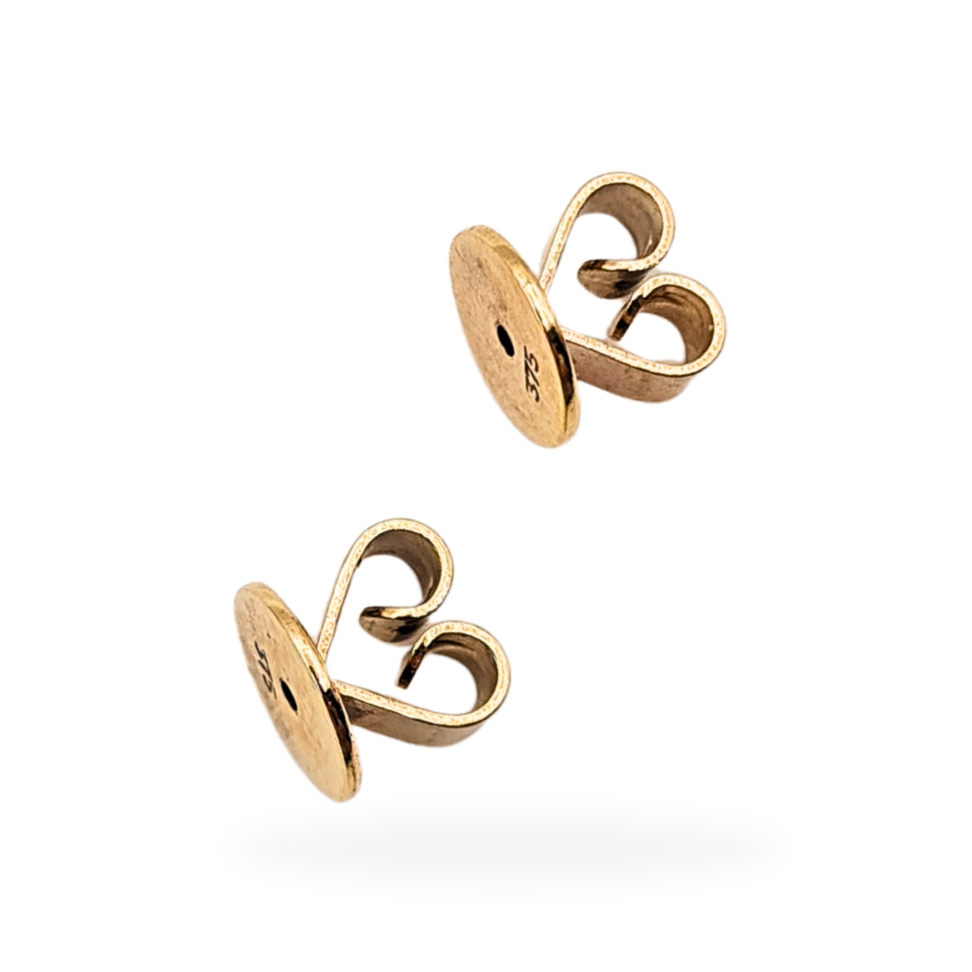 Pair of solid 9ct yellow gold heart-shaped butterfly earring backs, stamped 375, measuring 6mm base and 6mm tall, weighing 0.8g, designed to fit standard 20-gauge 0.8mm earring posts, excellent pre-owned condition.