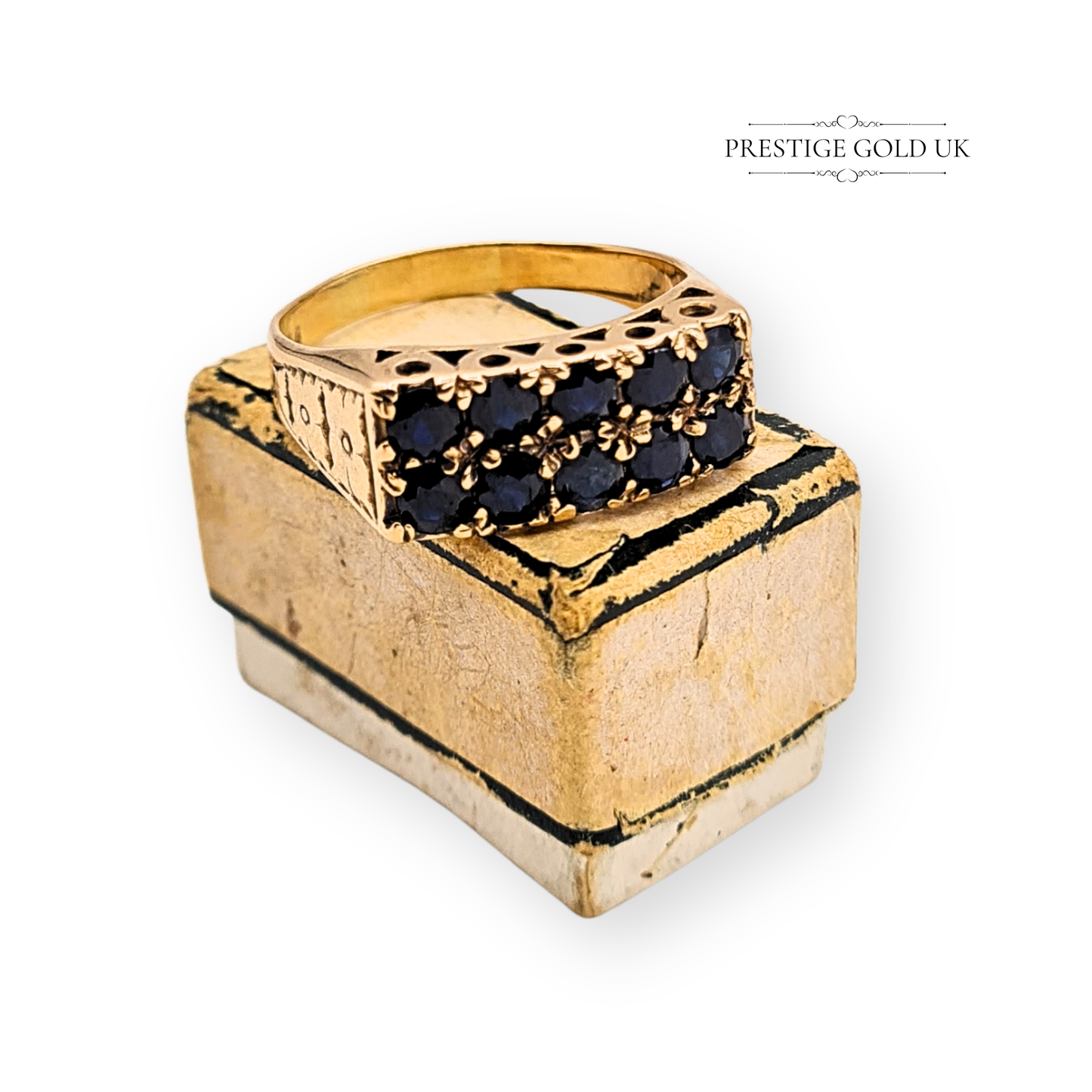 9ct Gold Twin Row Sapphire Ring, Floral-claw Setting Band UK T, US 9 3/4