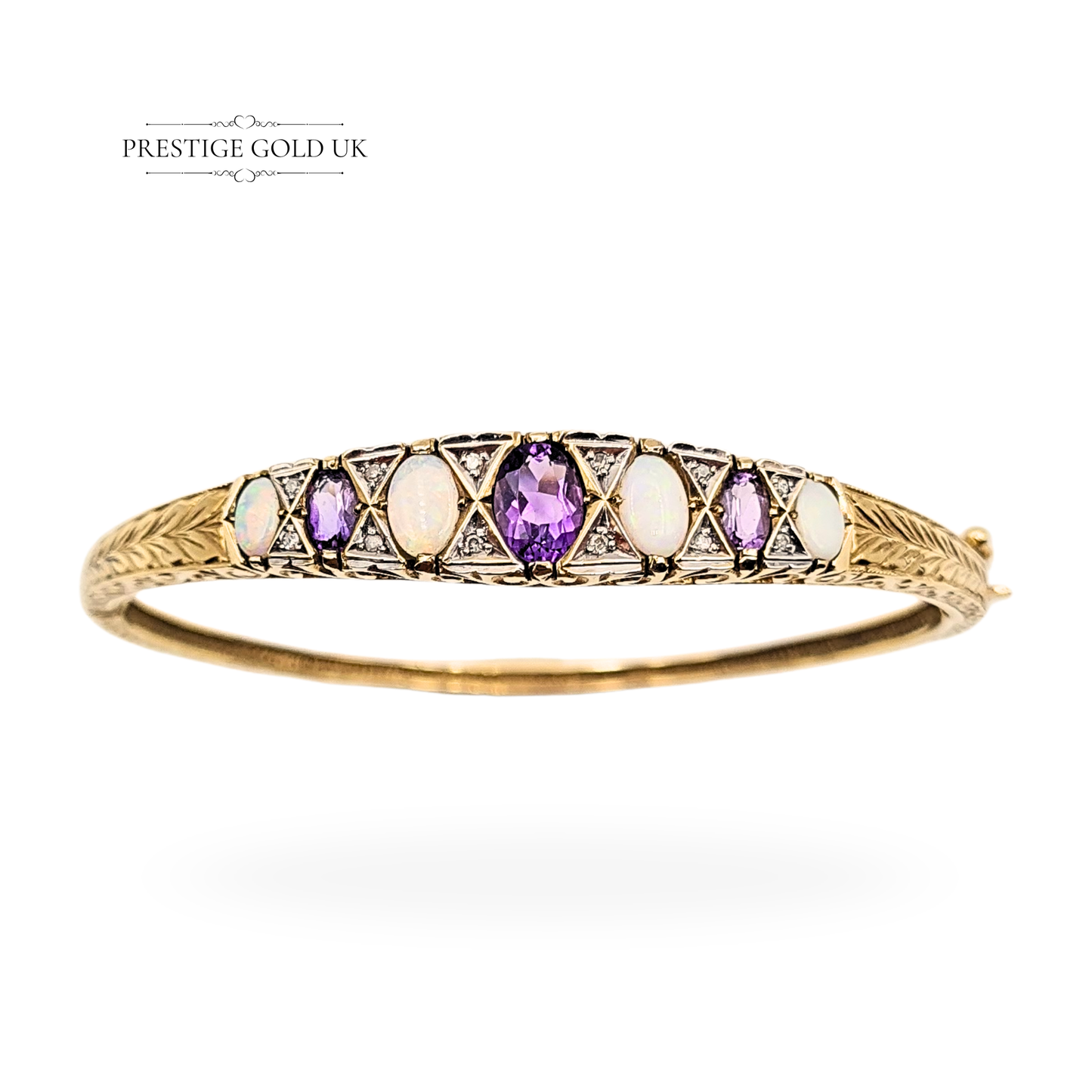 9ct Gold Amethyst Opal Diamond Bangle, 6 1/2" (16cm) 12.73g