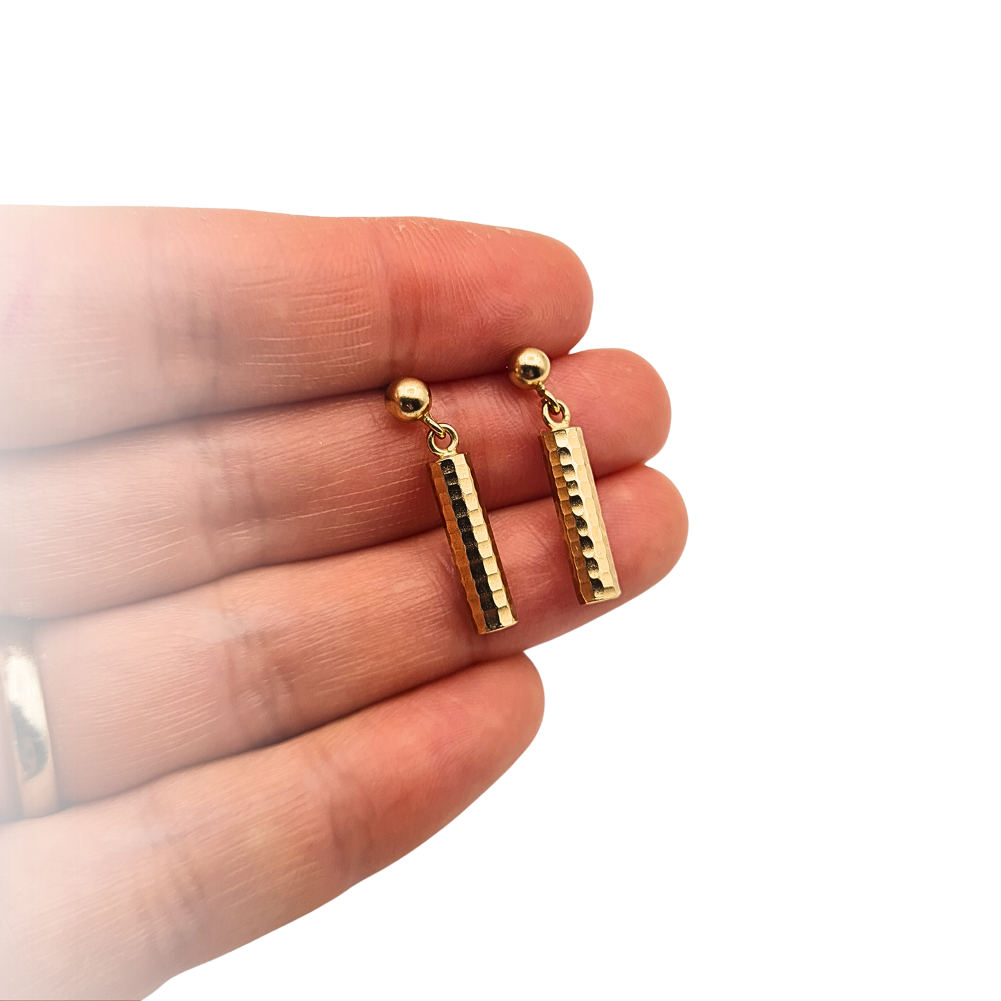 9ct Gold Barrel Drop Earrings Hammered Faceted Texture Minimalist Dangle