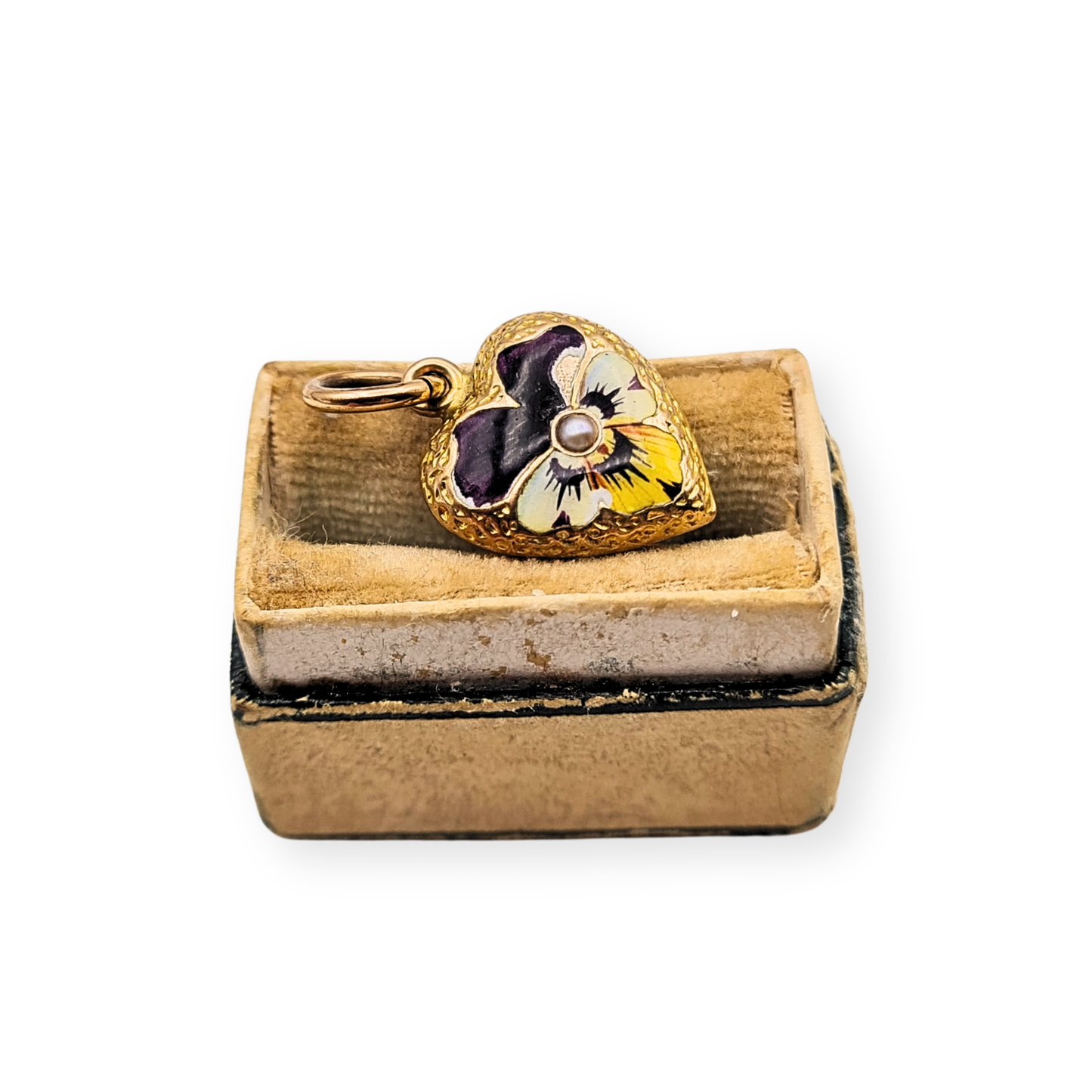 Tiny 9ct Gold Enamel Heart Pendant, Pansy & Pearl Gift