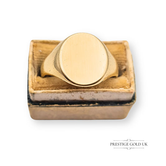 Large 9ct gold signet ring, brushed satin finish, fully British hallmarked Birmingham 1956, weighing 4.7g, UK size Q 1/2, US size 8 1/2, mid-century vintage men’s or unisex gold jewellery with substantial weight.