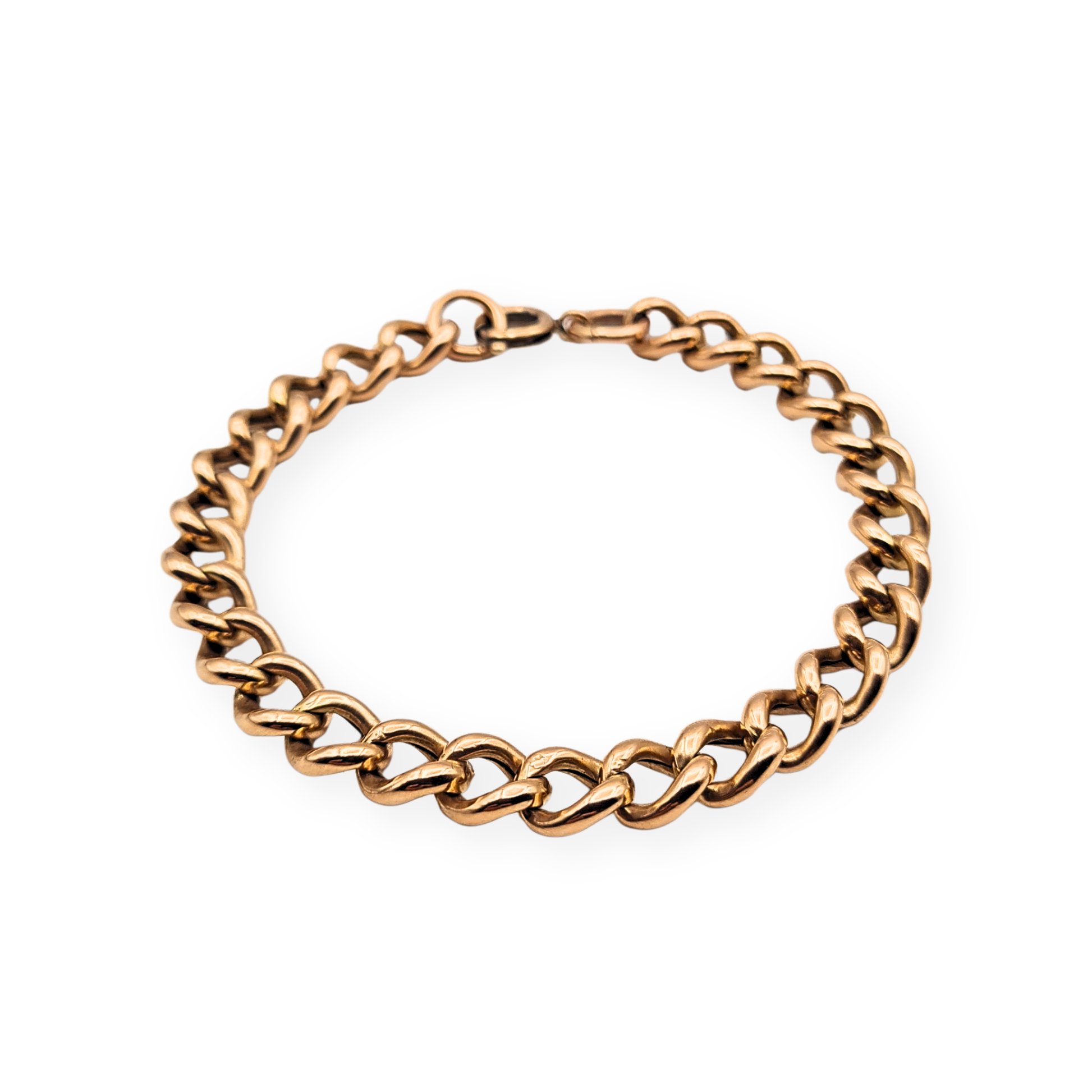 9ct rose gold Albert chain bracelet measuring 7 inches (18cm) long with 6.5mm hollow curb links, stamped 9 375. Lightweight at 6.6g and fitted with a spring ring clasp, this classic rose gold chain bracelet offers a warm vintage tone and everyday wearability.

