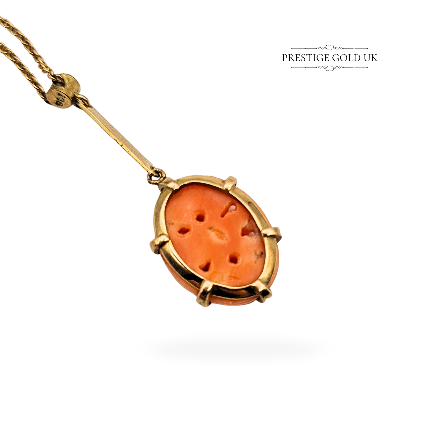 16" Long Antique 9ct Gold  Pink Coral & Pearl Pendant on Delicate Necklace