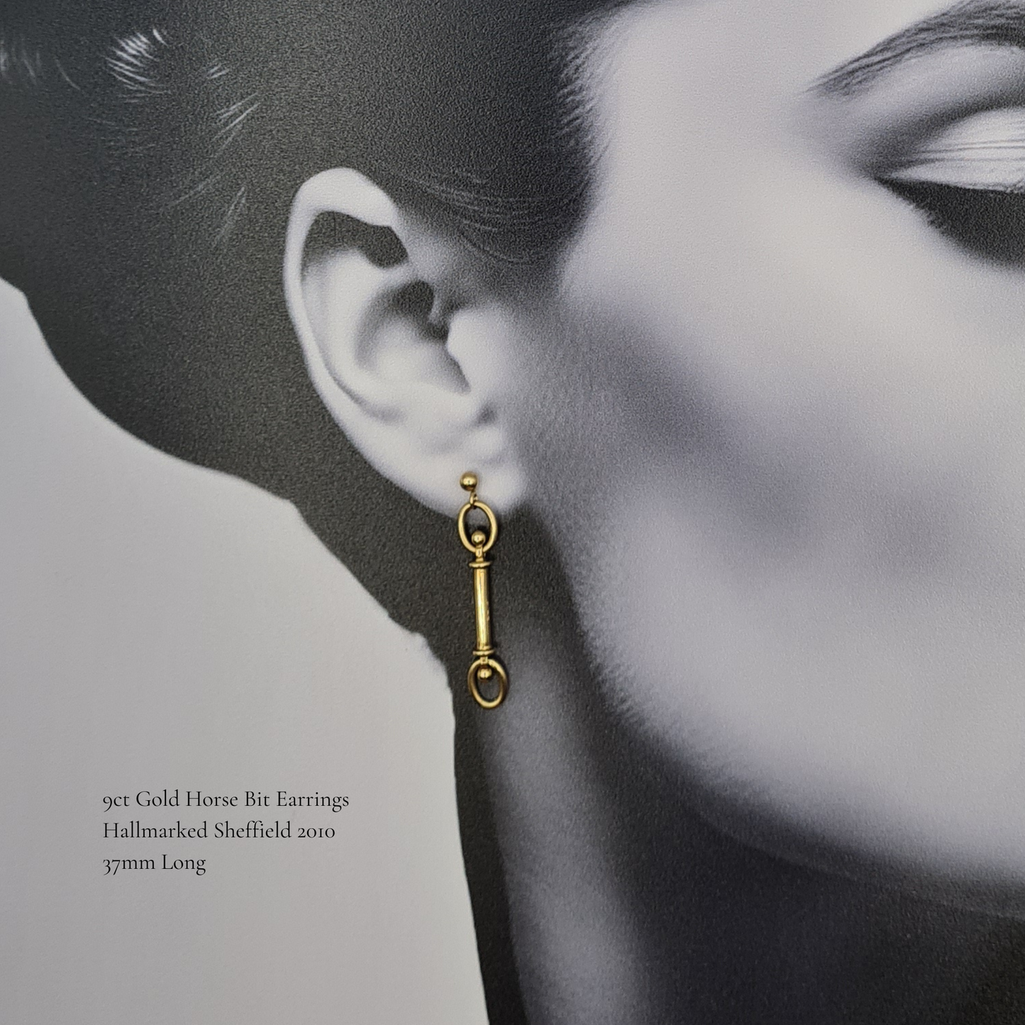 9ct Gold Horse Bit Drop Earrings Hallmarked Sheffield, Solid Gold
