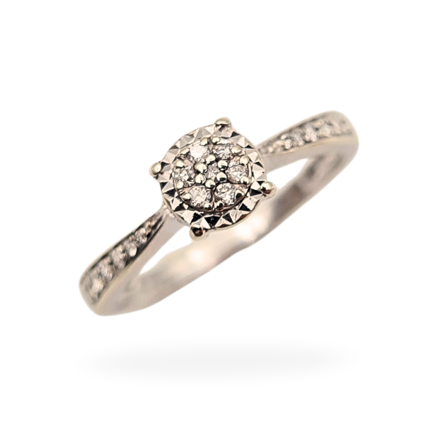 9ct White Gold Engagement Ring, Diamond Pavé Shoulders, UK M 1/2 / US 6.5