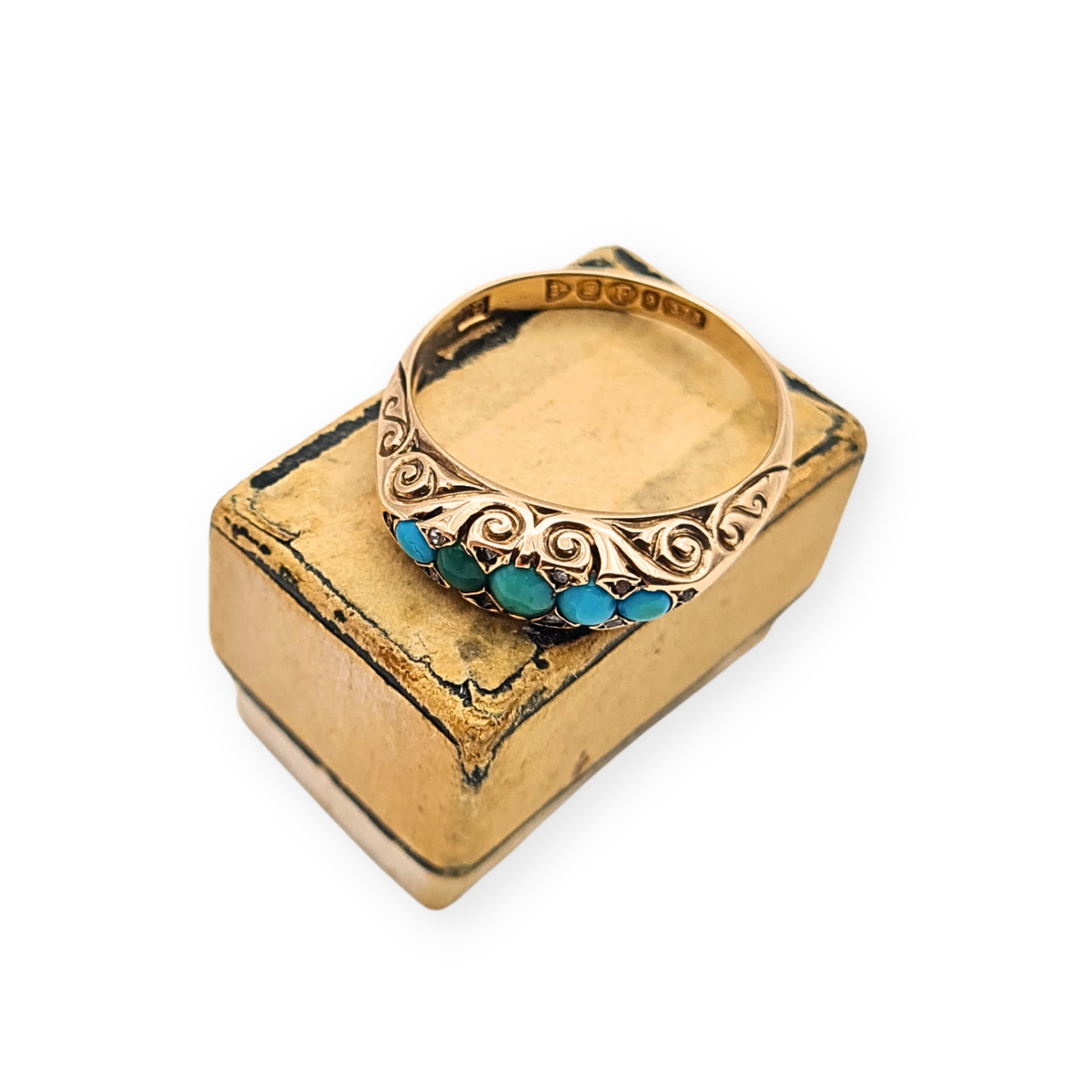 Antique 9ct Gold Turquoise Diamond 5 Stone Ring,  Chester Hallmark 1902 UK P US 7 3/4