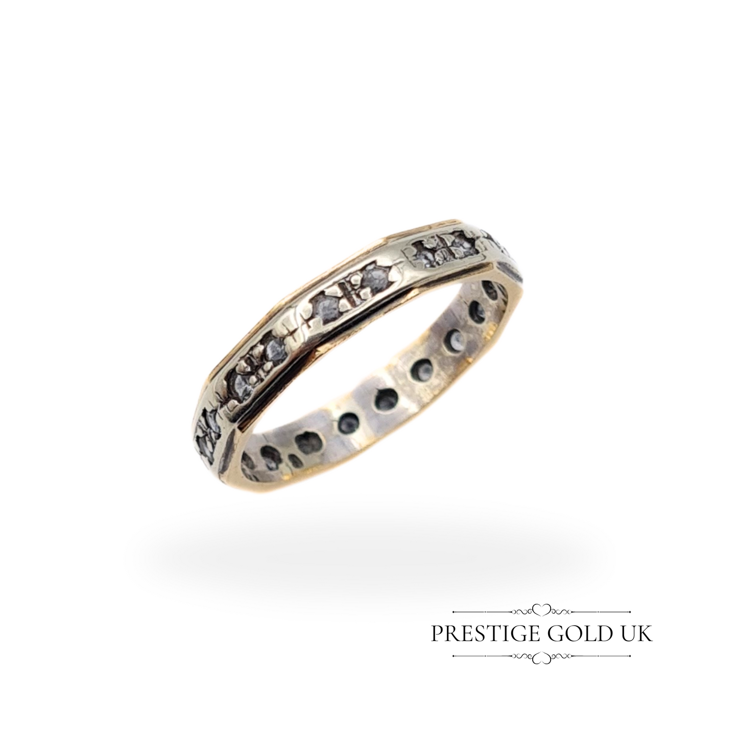 Vintage 9ct White & Yellow Gold Octagonal Spinel Ring, Eternity Band, UK L 1/2 US 6 1/4 Euro 52, Unique Vintage Gold Ring