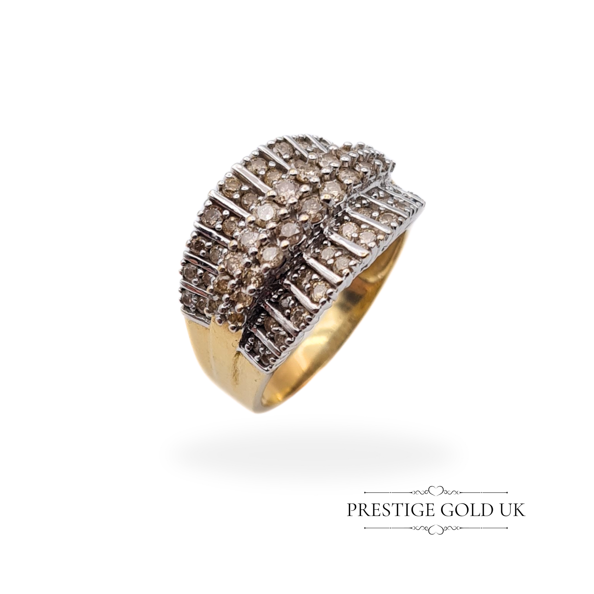 Close-up of a vintage 9ct gold diamond cluster ring with a 12mm tall face, showcasing a white gold setting with pave diamonds and a yellow gold band.