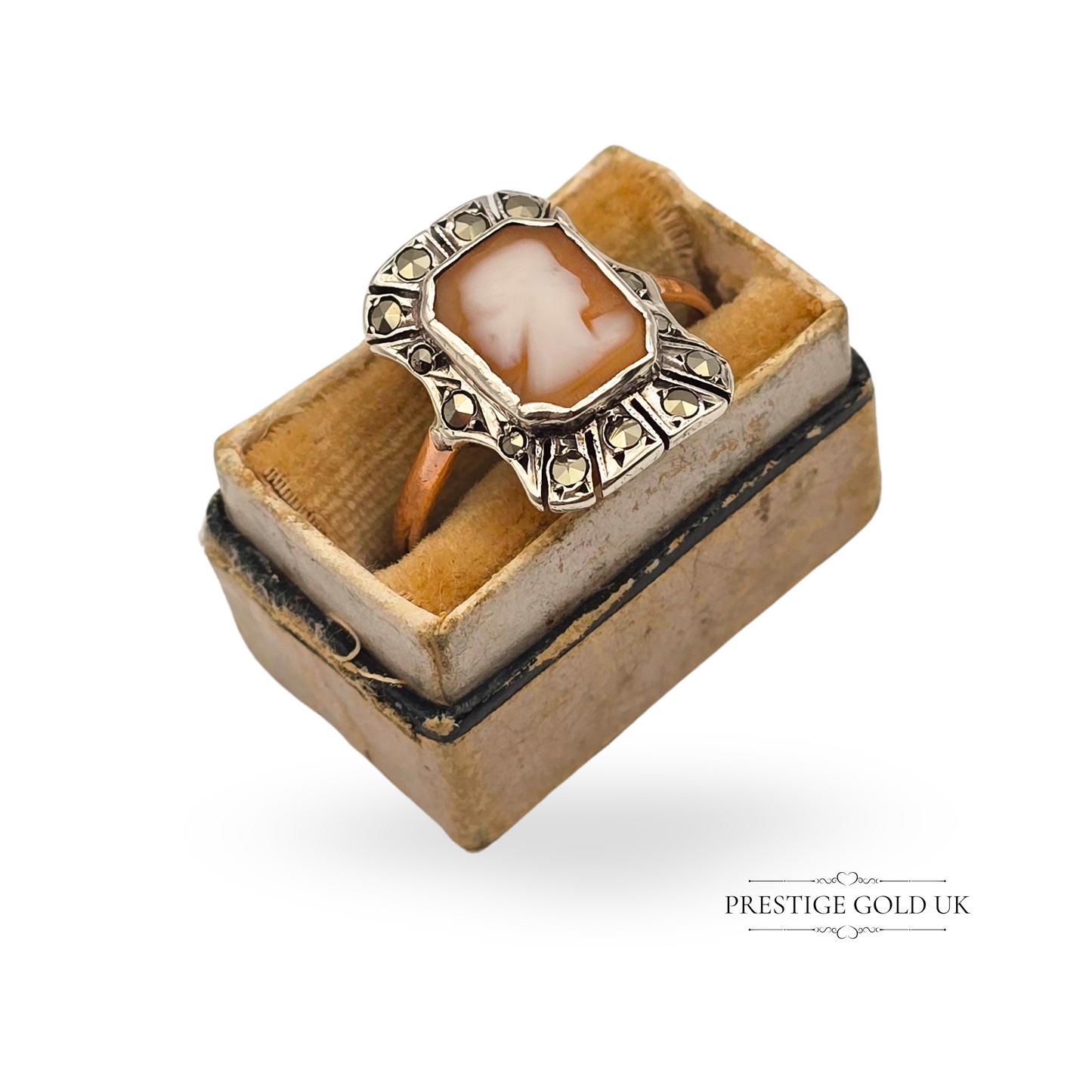 Antique 9ct Rose Gold & Silver Cameo Ring,  Marcasite Stones, UK R 1/2 US 8 3/4