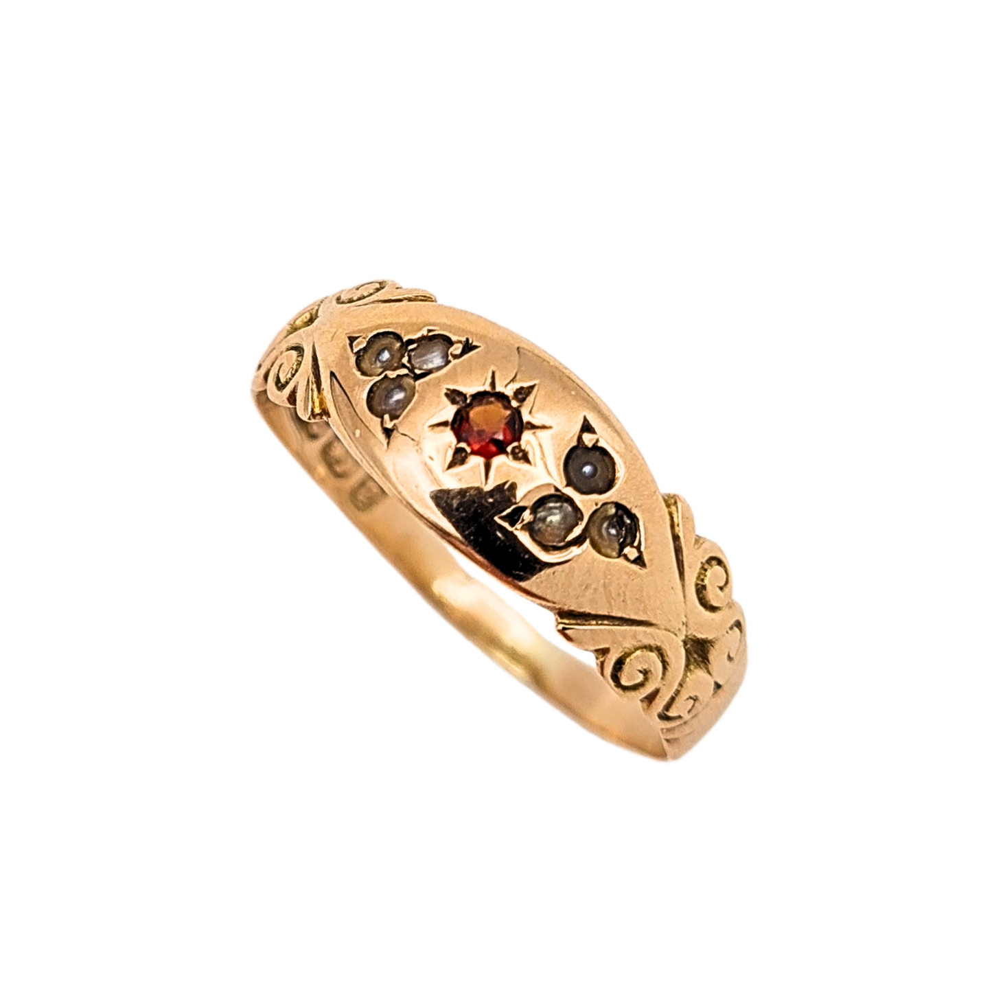 Antique 9ct Rose Gold Garnet & Pearl Ring, UK P 1/2, Birmingham 1847