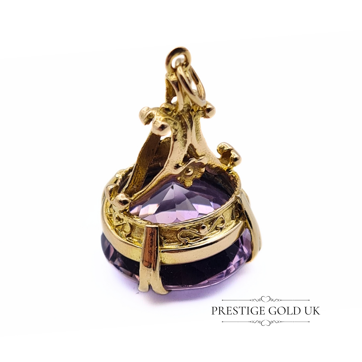 Gold Amethyst Fob 9ct - Ornate Round Amethyst Fob - Purple Amethyst Pendant