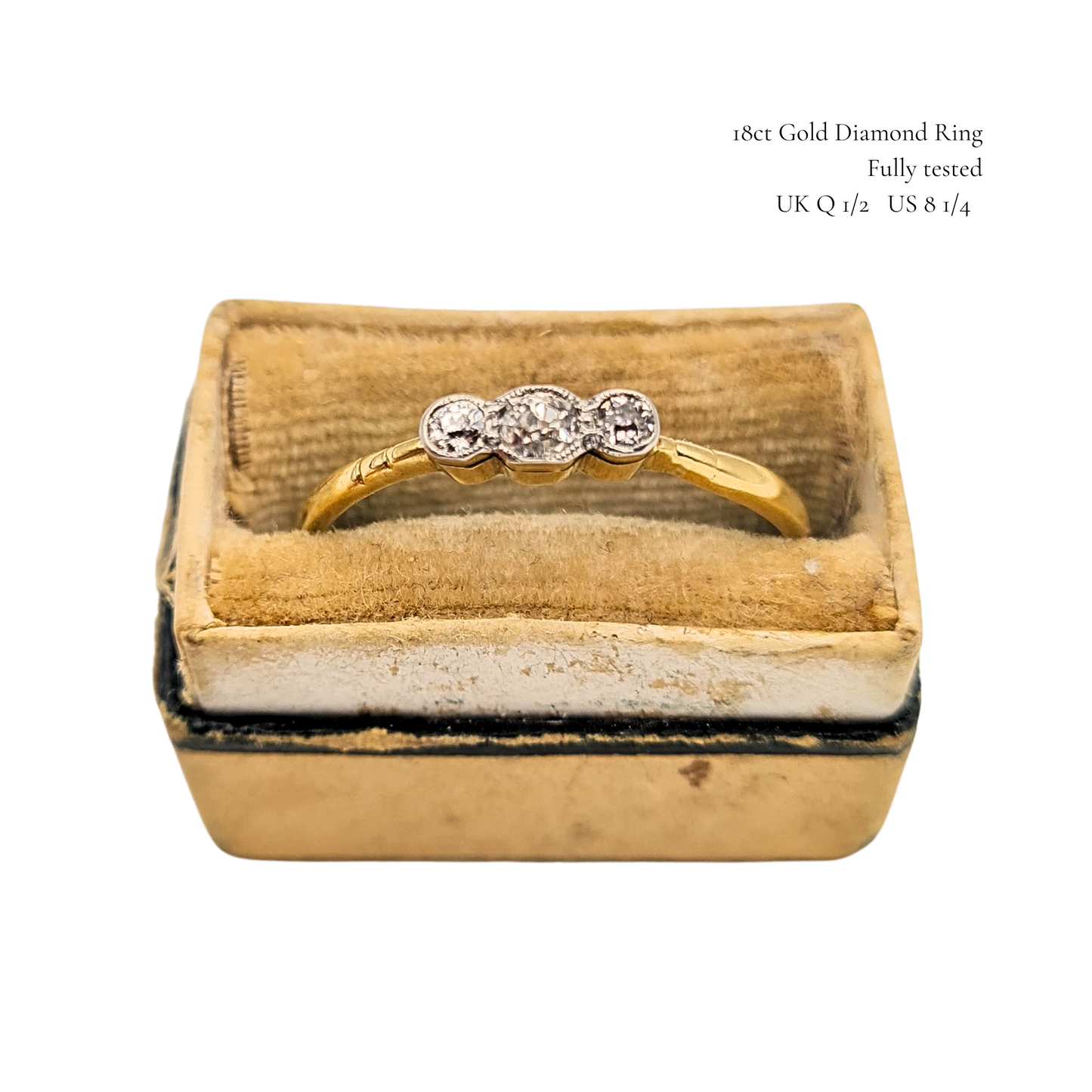 18ct Gold Old Cut Diamond Trilogy Ring, UK Q 1/2, US 8 1/4