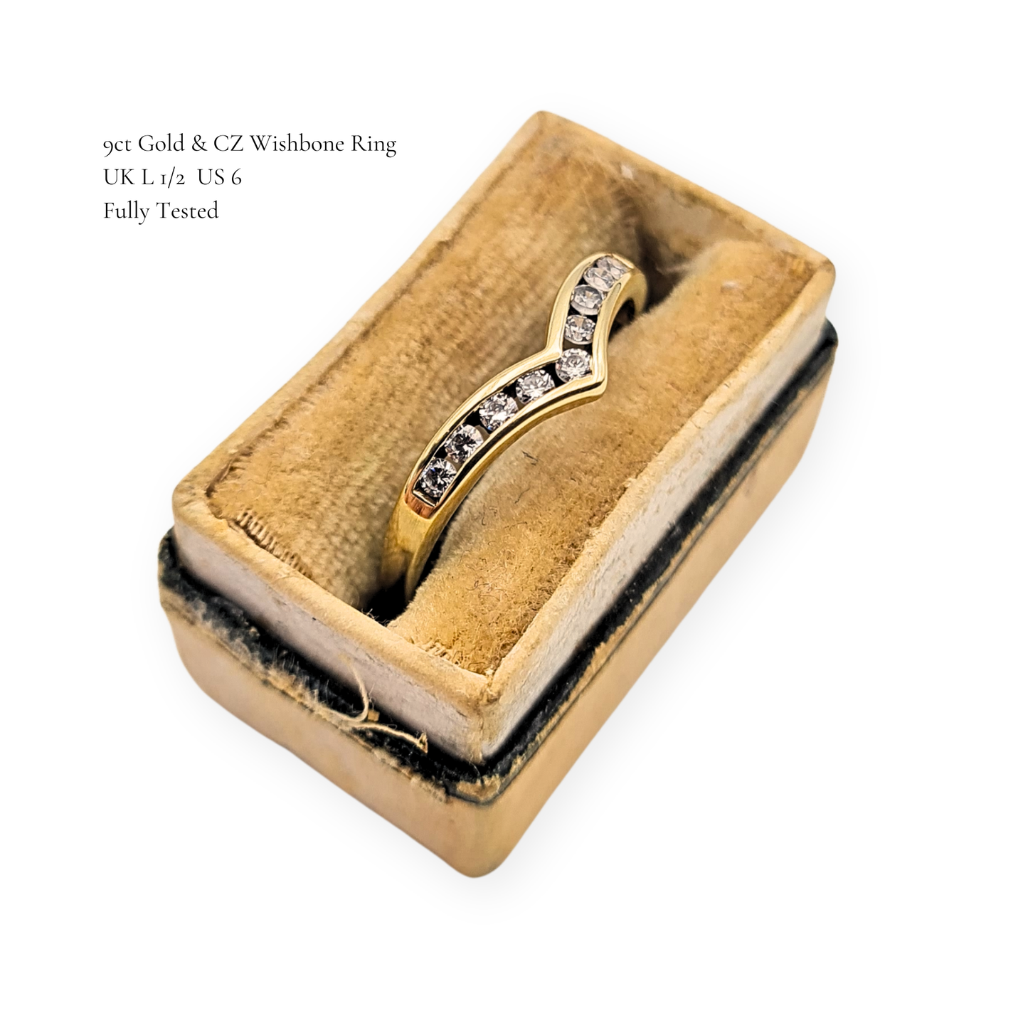 9ct Gold CZ Wishbone Ring Chevron Yellow Gold Band UK L 1/2 US 6