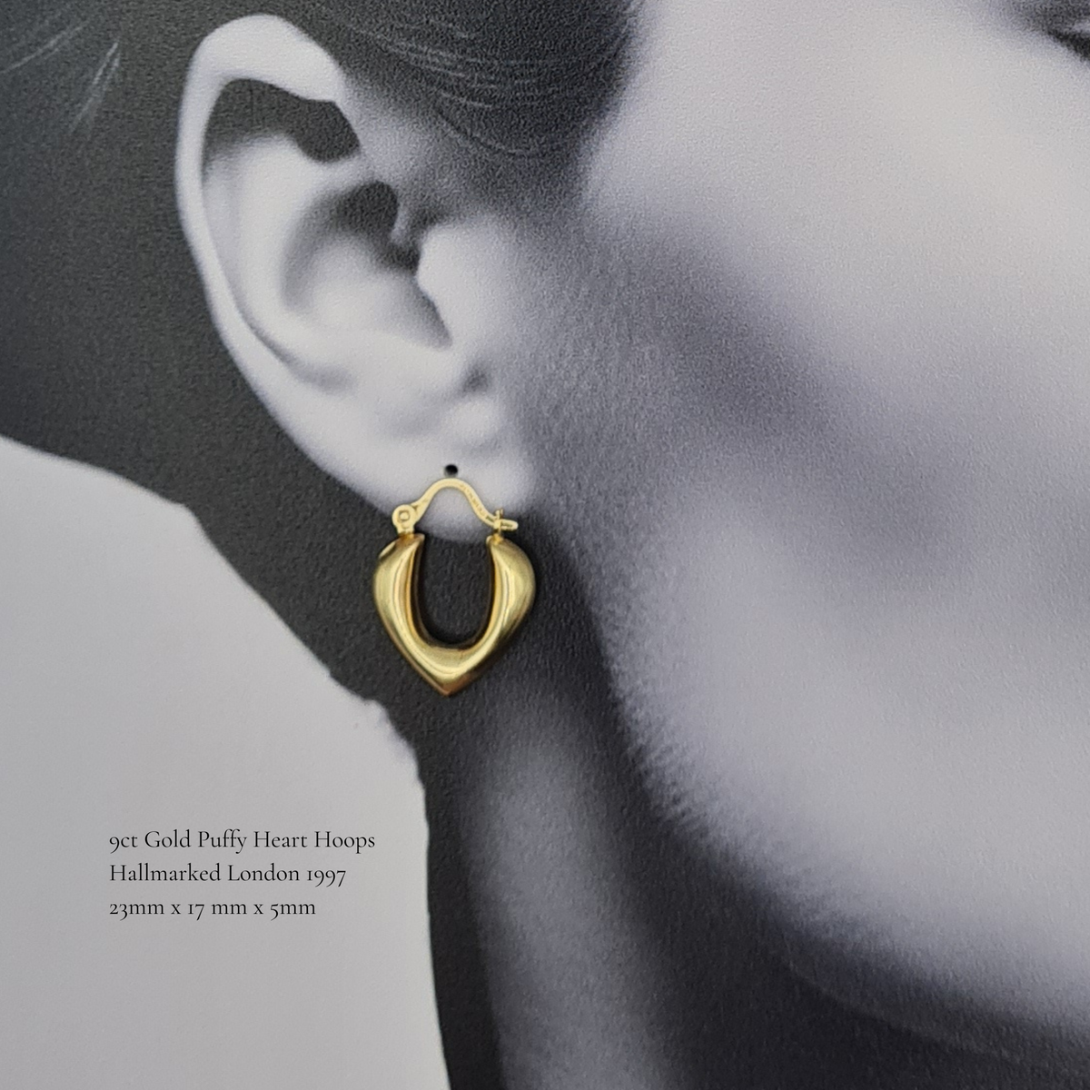 9ct Gold Puffy Heart Hoop Earrings, Hallmarked London 1997 23mm